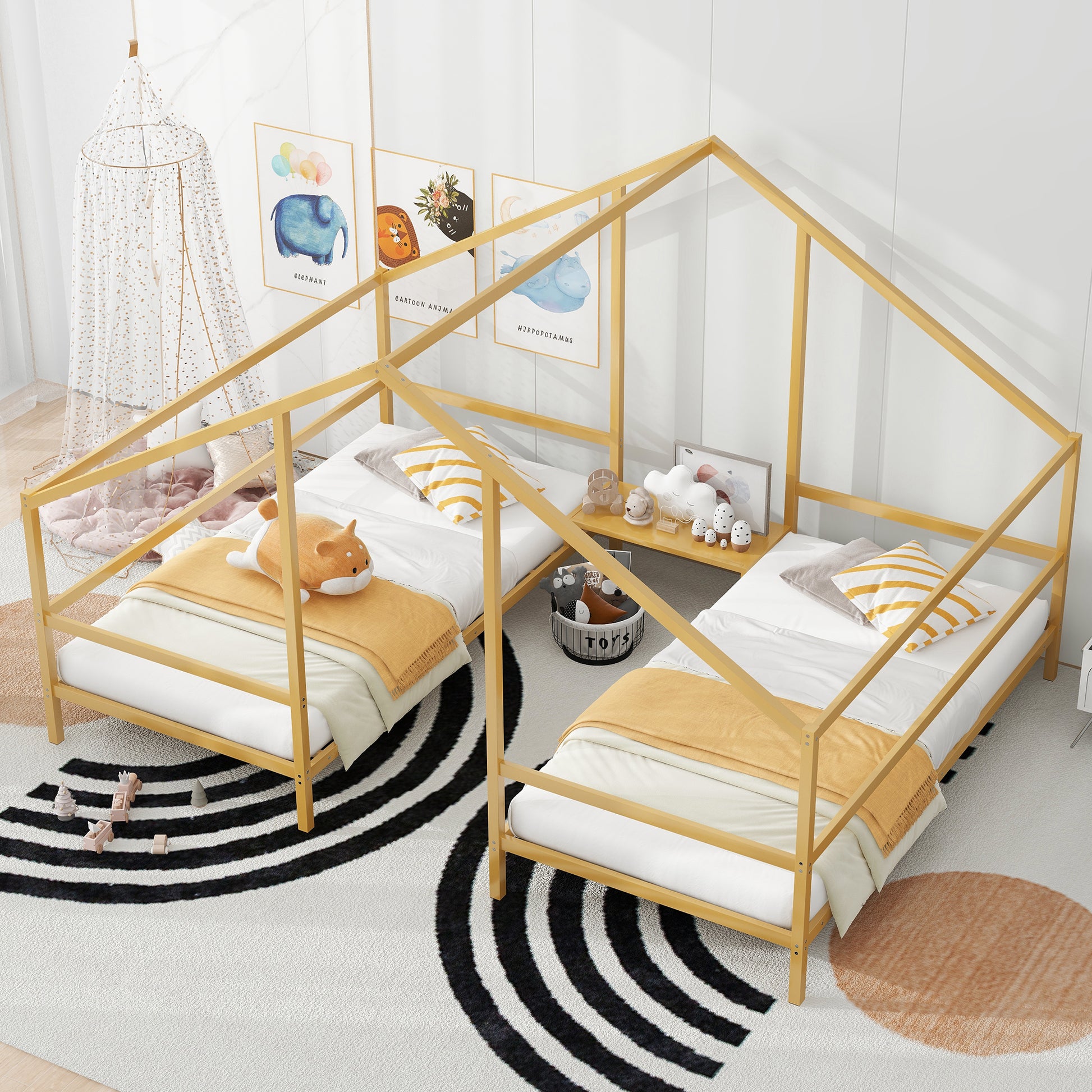 Metal Double Twin Size Triangular House Beds With Built In Table, Gold Box Spring Not Required Twin Gold Metal Metal