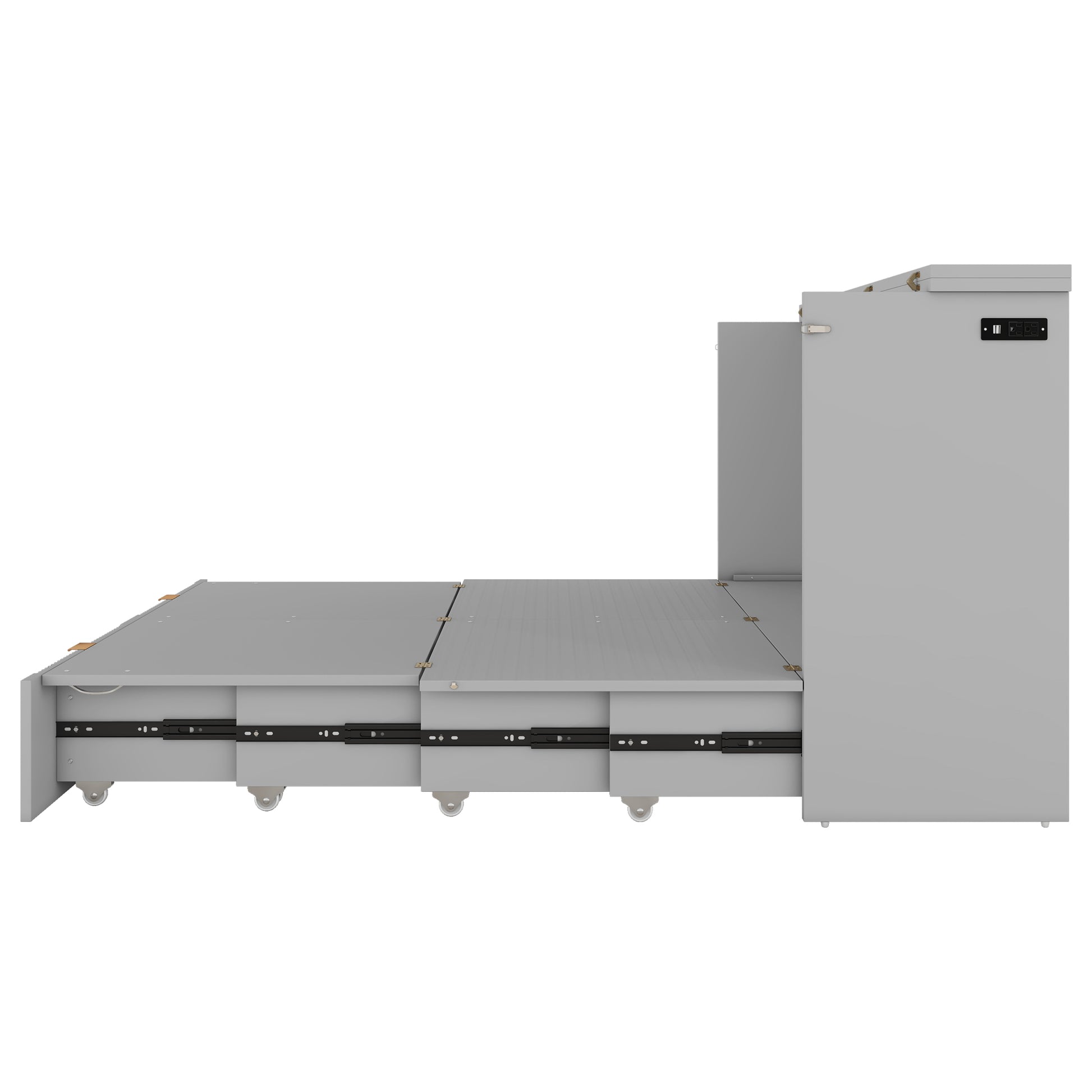 Full Size Murphy Bed With Drawer And A Set Of Sockets & Usb Ports, Pulley Structure Design, Gray Full Gray Plywood