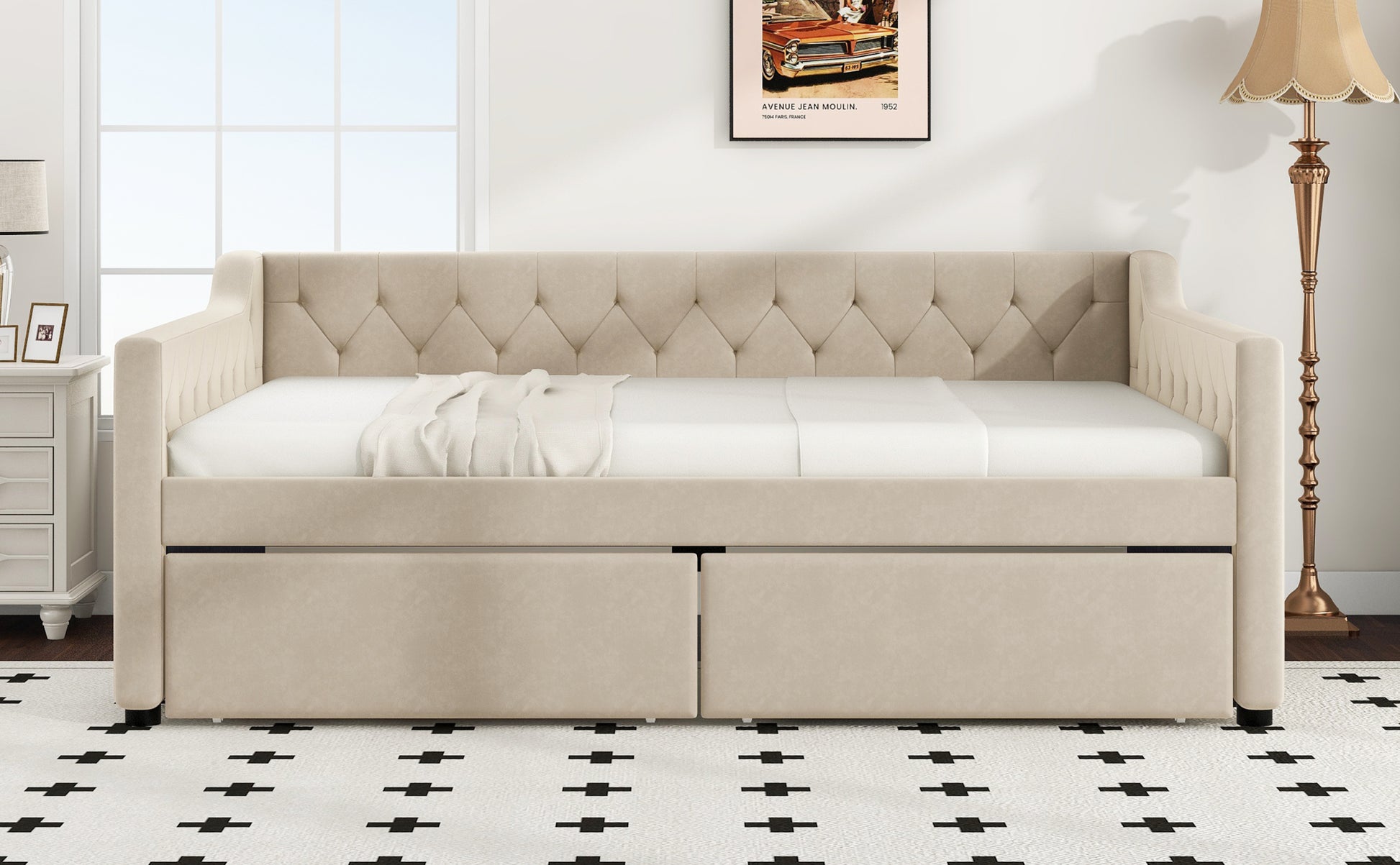 Full Size Upholstered Tufted Daybed With 2 Drawers, Beige Box Spring Not Required Full Beige Wood Daybeds Velvet Upholstered