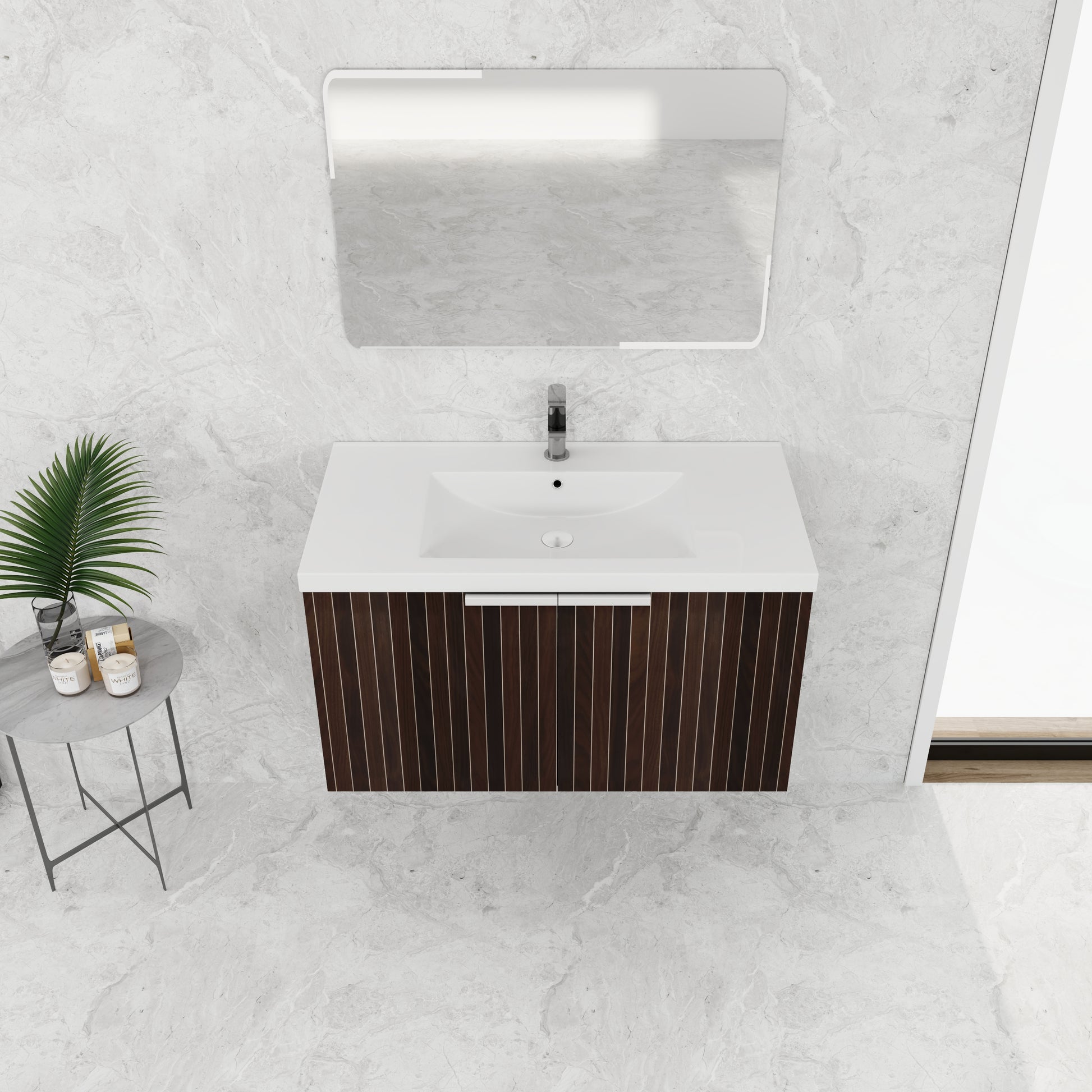 36 Inch Bathroom Cabinet With Resin Sink,Soft Close Doors,Float Mounting Design Silver Brown Stripe Bathroom Modern Plywood Plywood