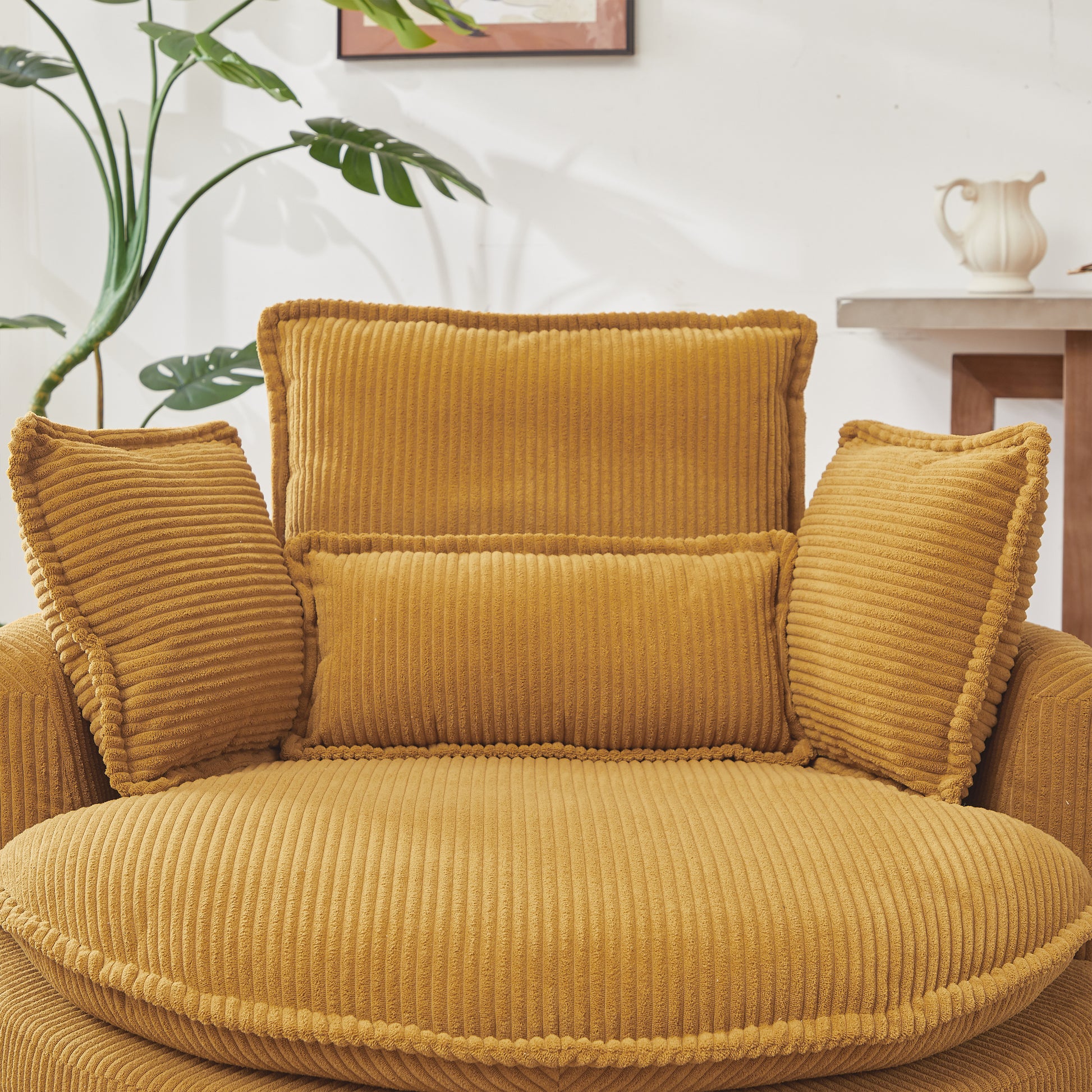 38"W Oversized Swivel Chair With Moon Storage Ottoman For Living Room, Modern Accent Round Loveseat Circle Swivel Barrel Chairs For Bedroom Cuddle Sofa Chair Lounger Armchair, 4 Pillows,Corduroy Yellow Foam Corduroy 1 Seat