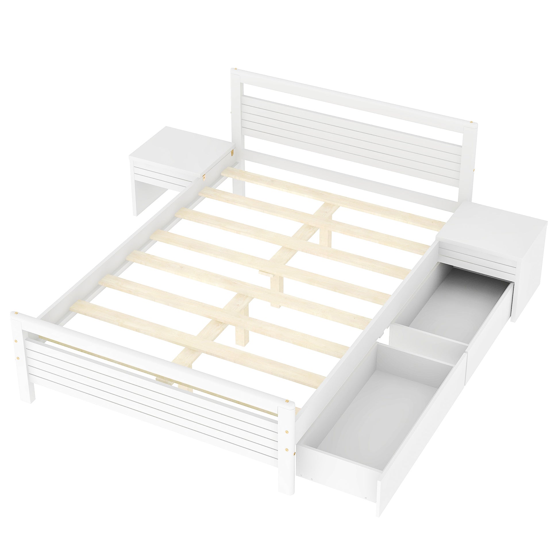 Full Size Wooden Platform Bed With 2 Storage Drawers And 2 Bedside Tables, White Full White Pine