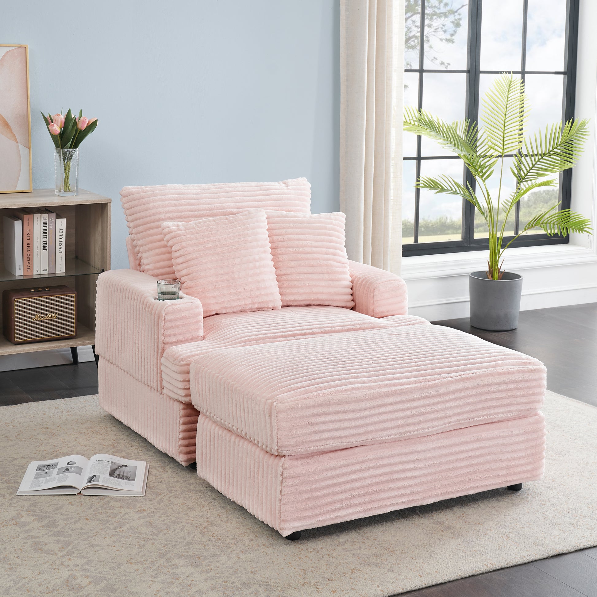 39 Inch Spring Upholstered Armchair And Ottoman Set Comfortable Single Sofa With Cup Holder And Corduroy Fabric, Perfect For Living Room Or Bedroom Pink Corduroy 1 Seat