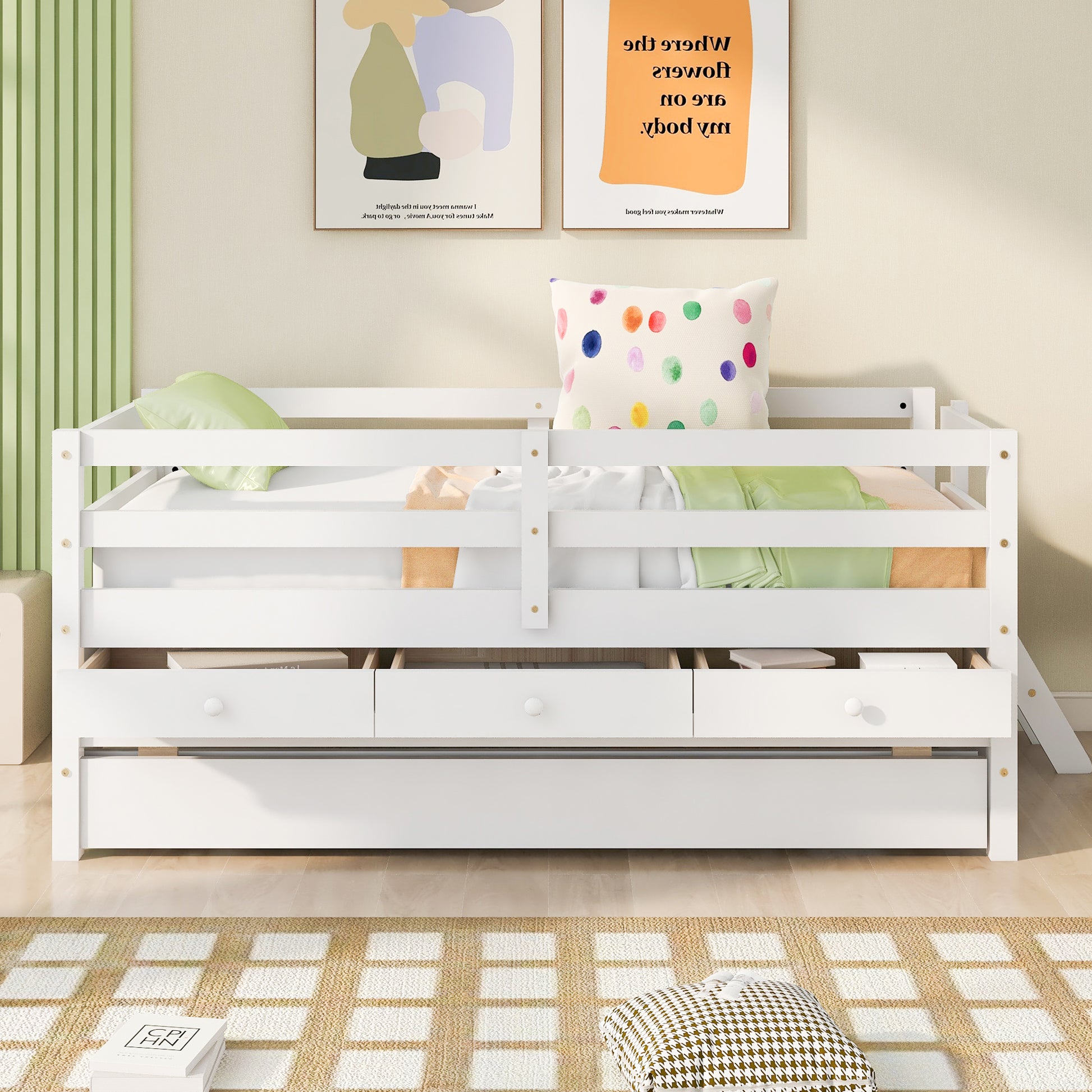 Low Loft Bed Twin Size With Full Safety Fence, Climbing Ladder, Storage Drawers And Trundle White Solid Wood Bed White Solid Wood
