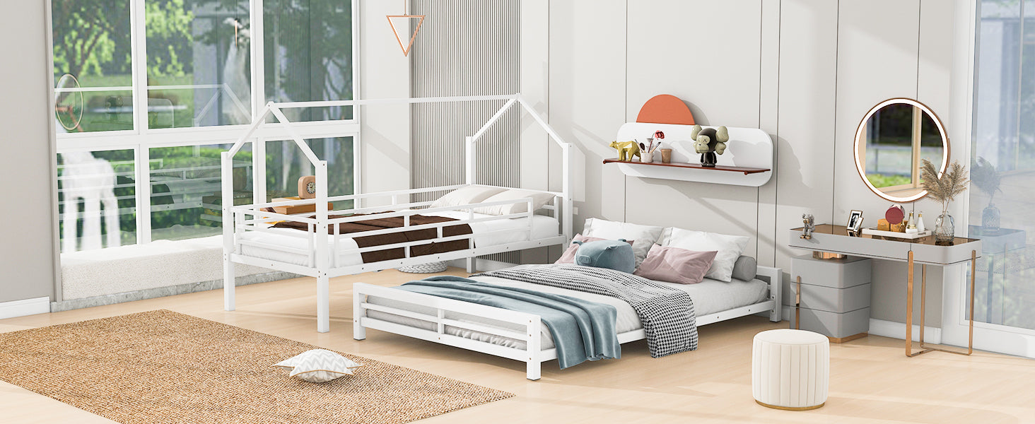 Metal House Bunk Bed, Twin Over Full, White Full White Metal