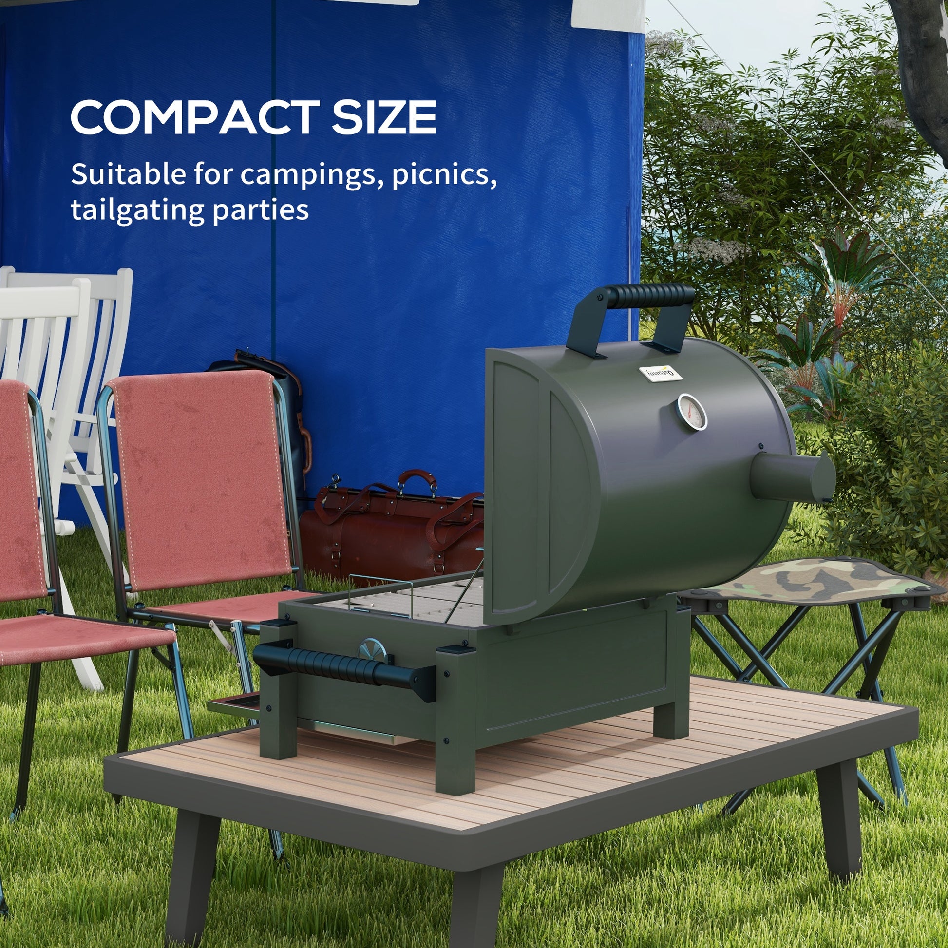 Outsunny Charcoal Bbq Grill With 235 Sq.In. Cooking Area, Tabletop Outdoor Barbecue With Ash Catcher And Built In Thermometer For Patio, Backyard, Camping, Picnic, Dark Green Green Steel