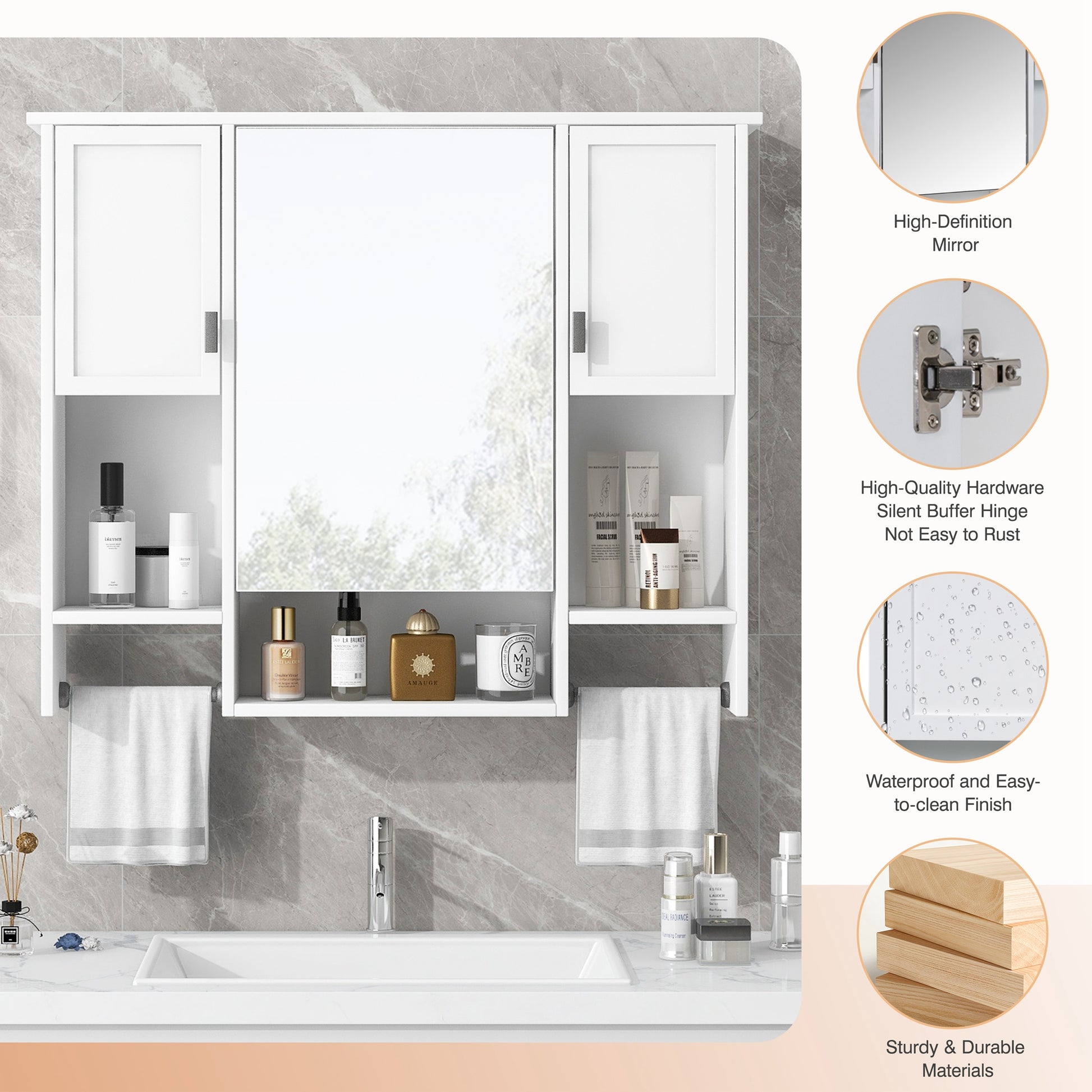 35'' X 28'' Modern Wall Mounted Bathroom Storage Cabinet, Bathroom Wall Cabinet With Mirror, Medicine Cabinet With Towels Bar White 3 5 Mirror Included Bathroom Wall Mounted Mdf Painted