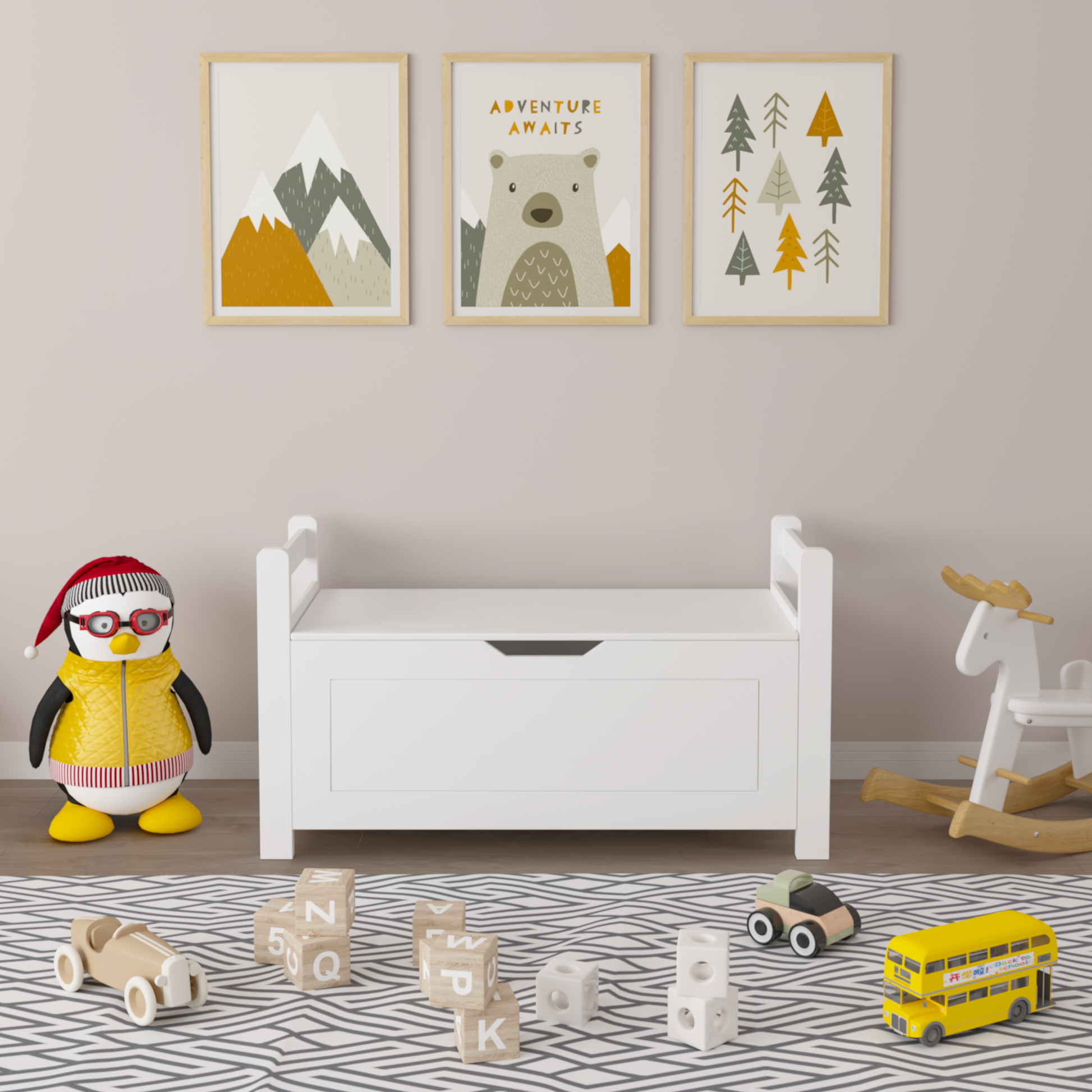 Kids Toy Box Chest, White Rubber Wood Toy Box For Boys Girls, Large Storage Cabinet With Flip Top Lid Safety Hinge, Toy Storage Organizer Trunk For Nursery, Playroom White Mdf