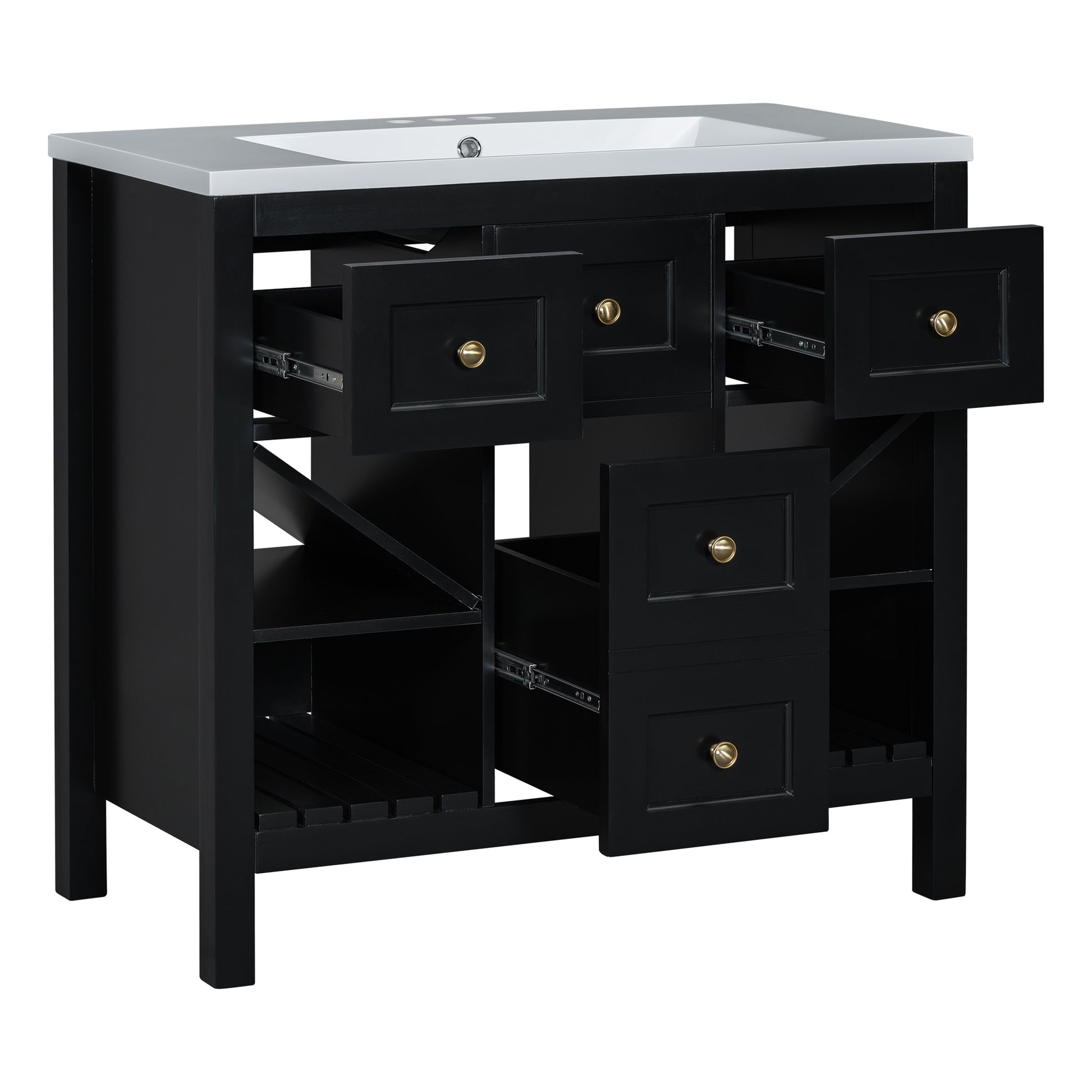 36'' Bathroom Vanity With Resin Sink Combo, Solid Wood Frame Bathroom Storage Cabinet, Freestanding Vanity Set With 5 Drawers& Soft Closing Doors Same As Sw000141Aab Black Bathroom Solid Wood Mdf Resin