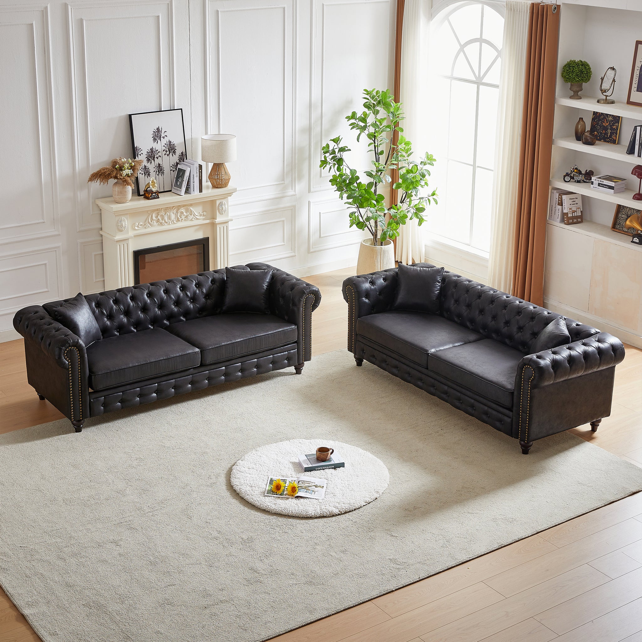 Fx 3 Seats 3 Seats Combo Sofa Modern Living Room Sofa With Solid Wood Frame And Wooden Feet, 4 Cushions, Apartment Sofa Furniture For Living Room, Living Room, Office Black Wood Pine Foam Fabric 6 Seat