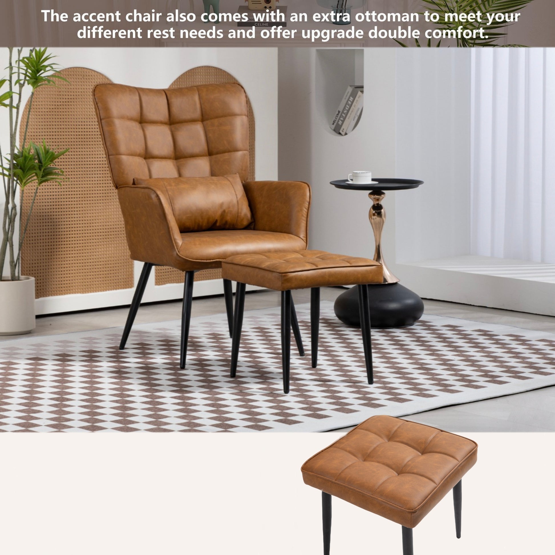 Pu Leather Accent Chair, Upholstered High Backrest Arm Chair With Solid Metal Legs, Tufted Button Design Reading Chair, Sofa Chair For Bedroom, Living Room, Office, Brown Brown Bedroom Casual Foam Pu Leather