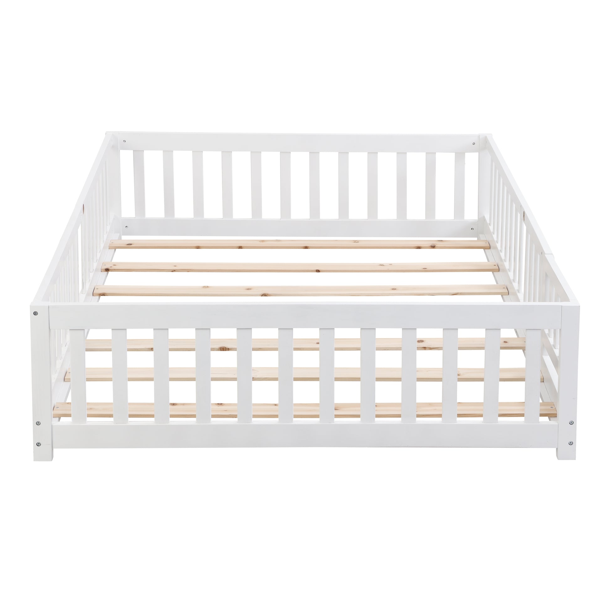 Queen Size Floor Bed With Door,Solid Wood Platform Bed Frame With Fence,Suitable For Children,Pine Wood,White Queen White Wood