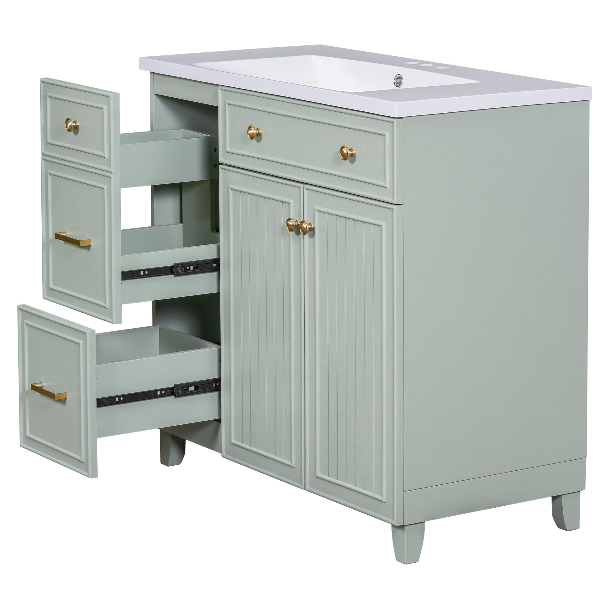 36 Inch Bathroom Vanity, Transitional Style Bathroom Cabinet With Resin Sink, Green Single Bathroom Cabinet, With 2 Drawers And 1 Adjustable Storage Shelf, 2 Soft Close Doors Green Bathroom Solid Wood Mdf Resin
