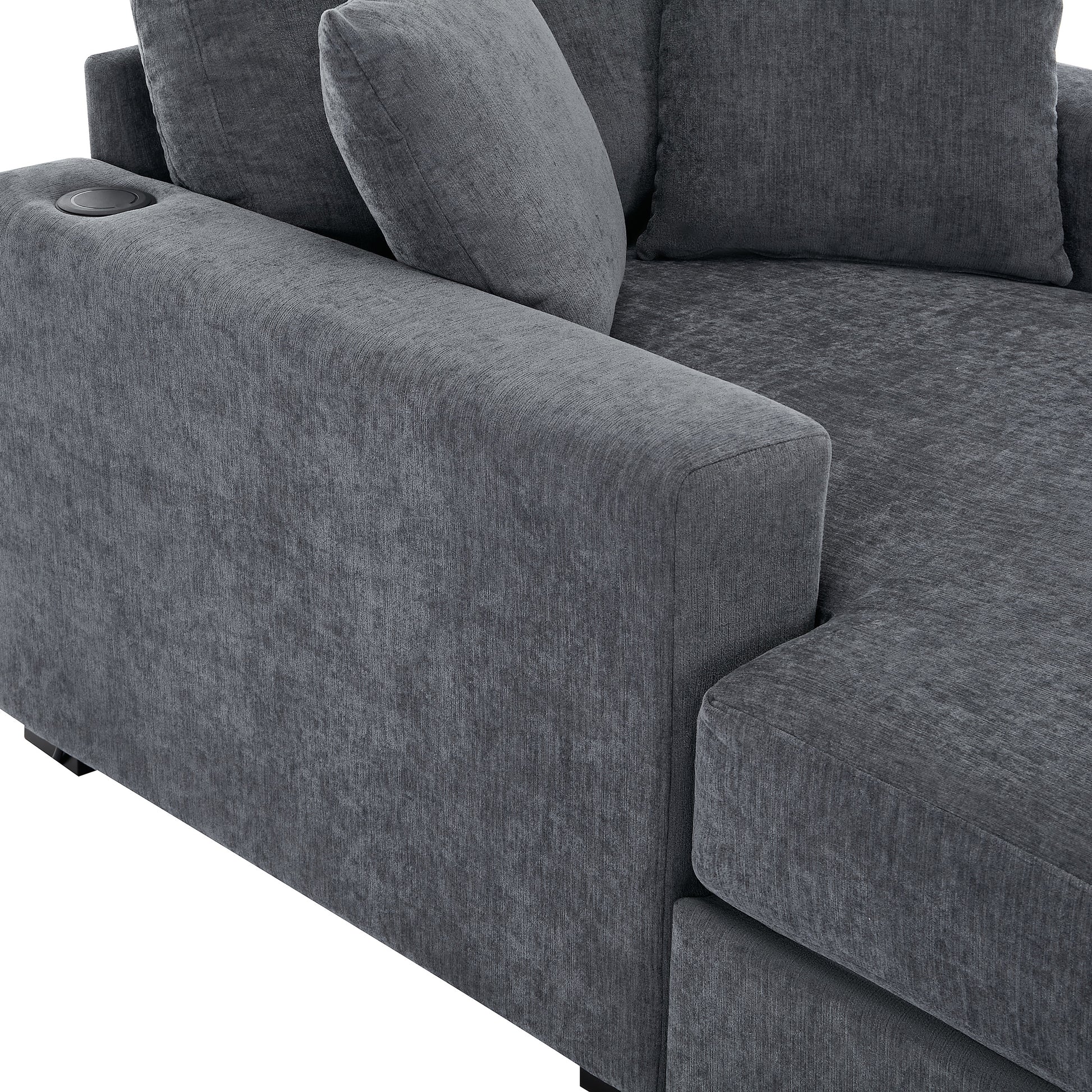 43.5" Oversized Chaise Lounger Modern Style Sofa Couch ,With Pillows, Charge Station & Cup Holders, Chenille Fabric, Blue Gray Blue Gray Chenille