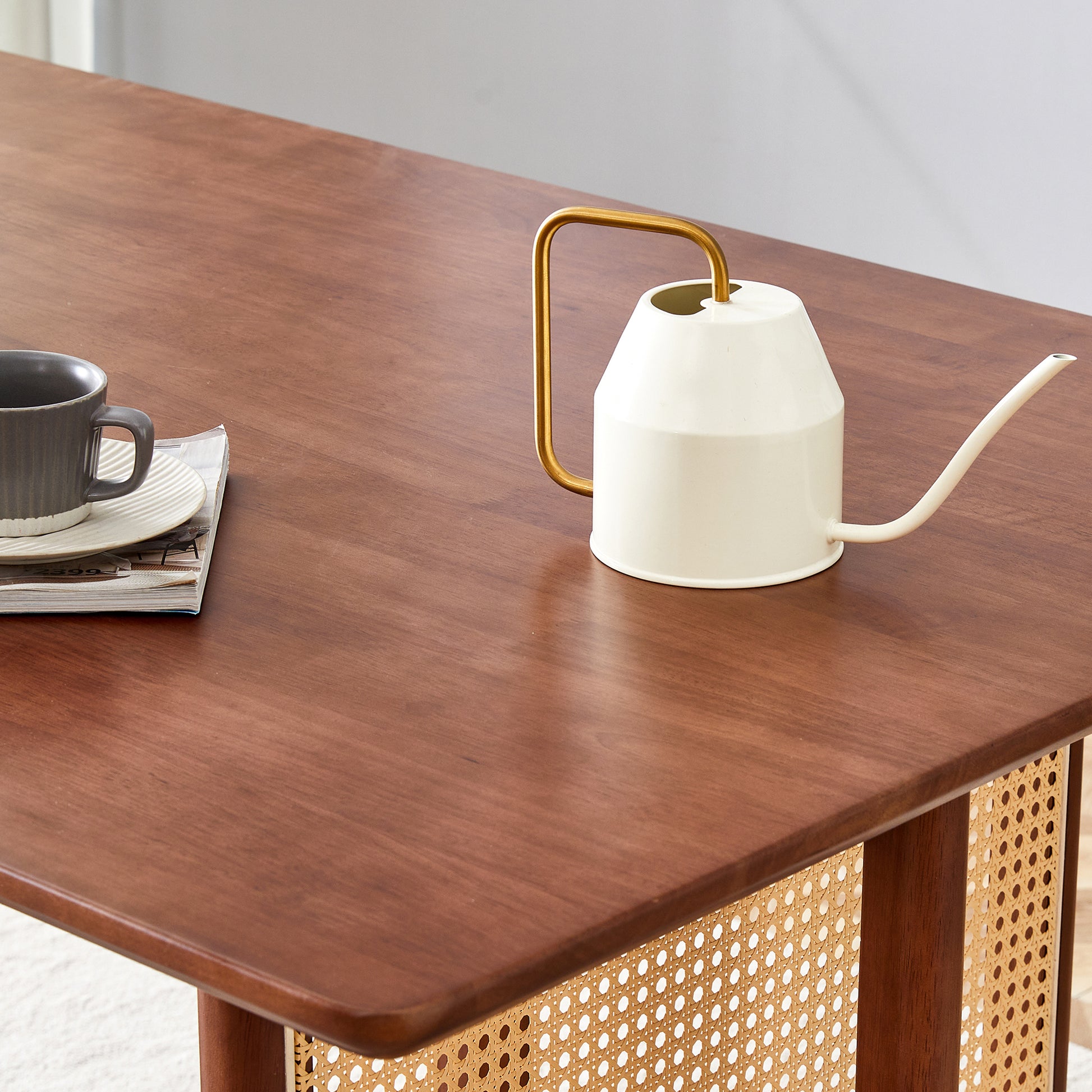 Table And Chair Set, Ancient Style Solid Wood Dining Table, Imitation Rattan Table Legs, Beautiful Simple Solid Wood Dining Chair, Perfect For Dinner, Meetings, Home And Office Decoration Walnut Rubber Wood