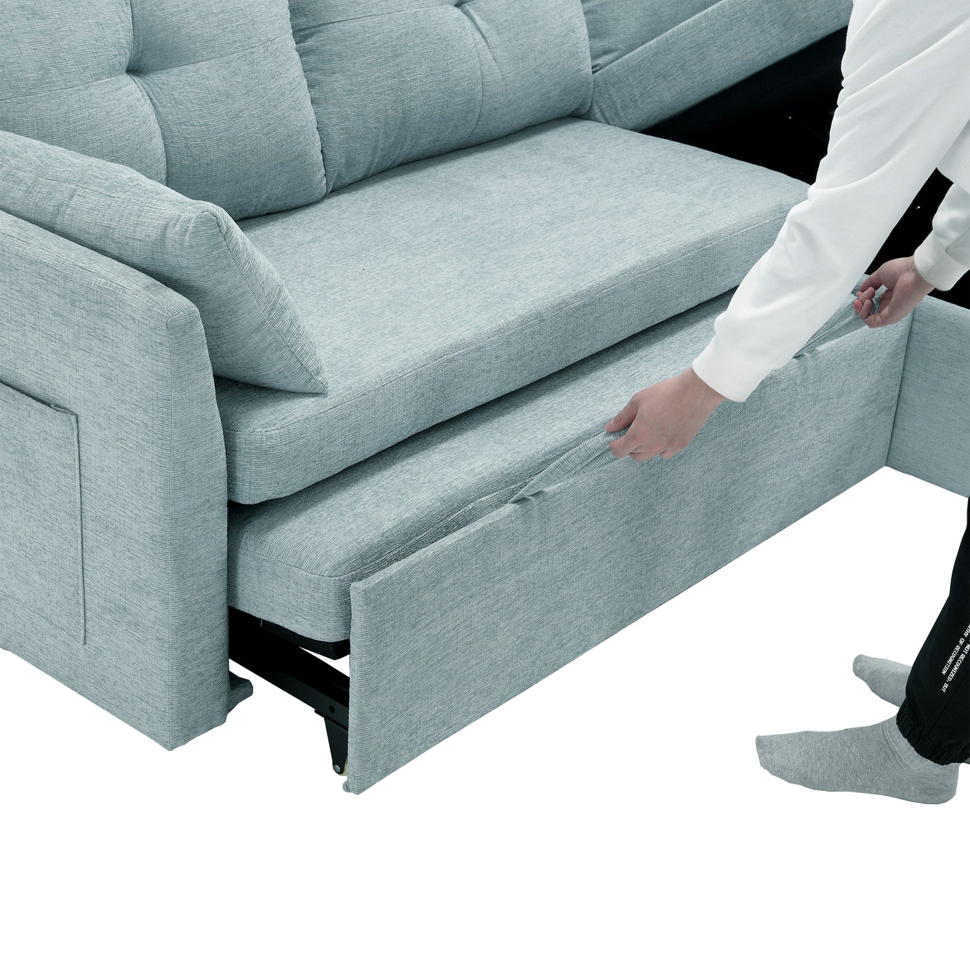 United We Win Furniture, Modular L Shaped Sofa, Modular Long Sofa With Reversible Chaise Lounge, Sofa Bed, Sleeper Sofa, Modular Sofa Combination With Storage Seats. Mint Green Chenille 3 Seat