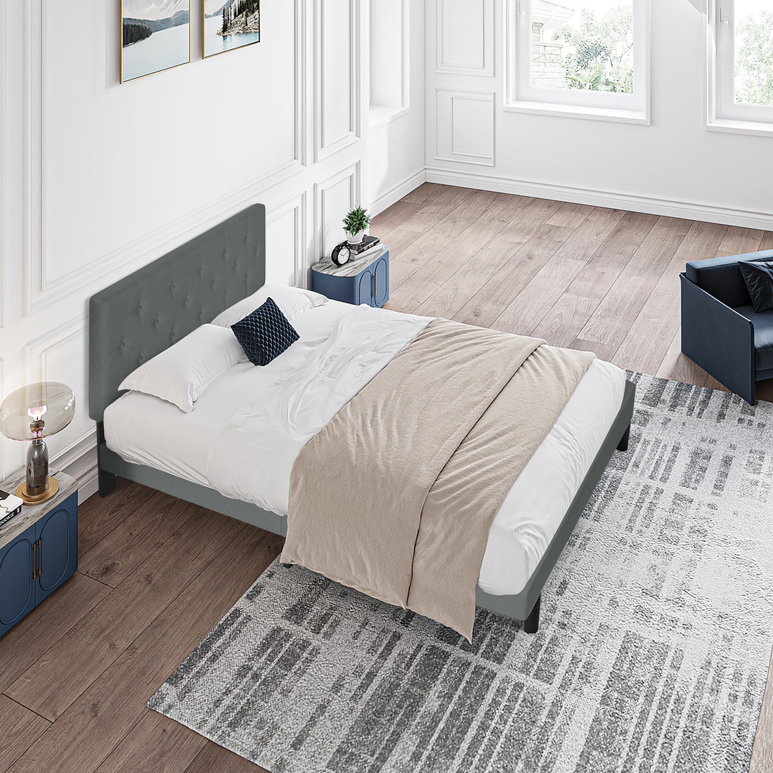 Queen Size Upholstered Platform Bed Frame With Modern Button Tufted Linen Fabric Headboard, No Box Spring Needed, Wood Slat Support, Easy Assembly, Dark Grey Queen Dark Gray Linen