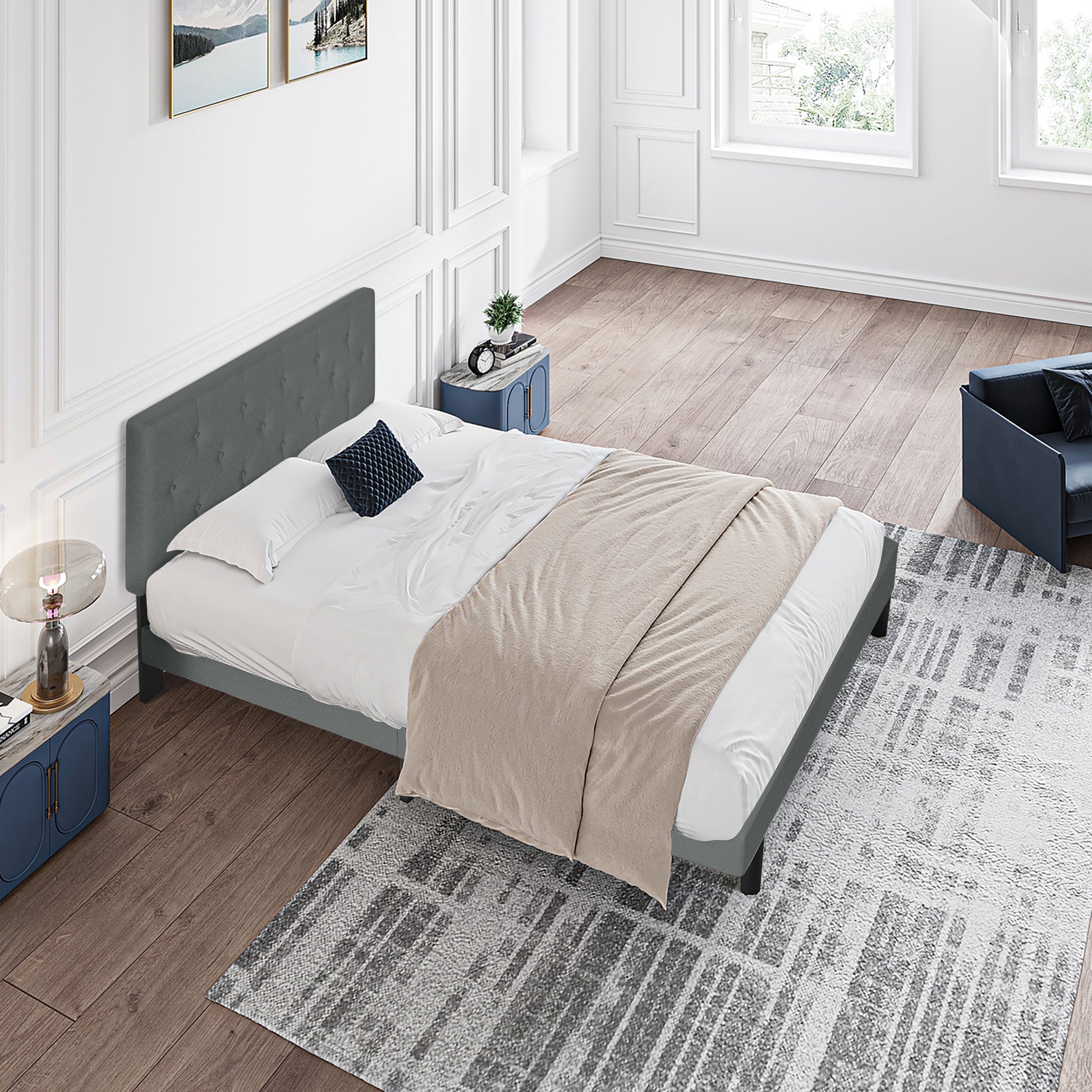 Queen Size Upholstered Platform Bed Frame With Modern Button Tufted Linen Fabric Headboard, No Box Spring Needed, Wood Slat Support, Easy Assembly, Dark Grey Queen Dark Gray Linen