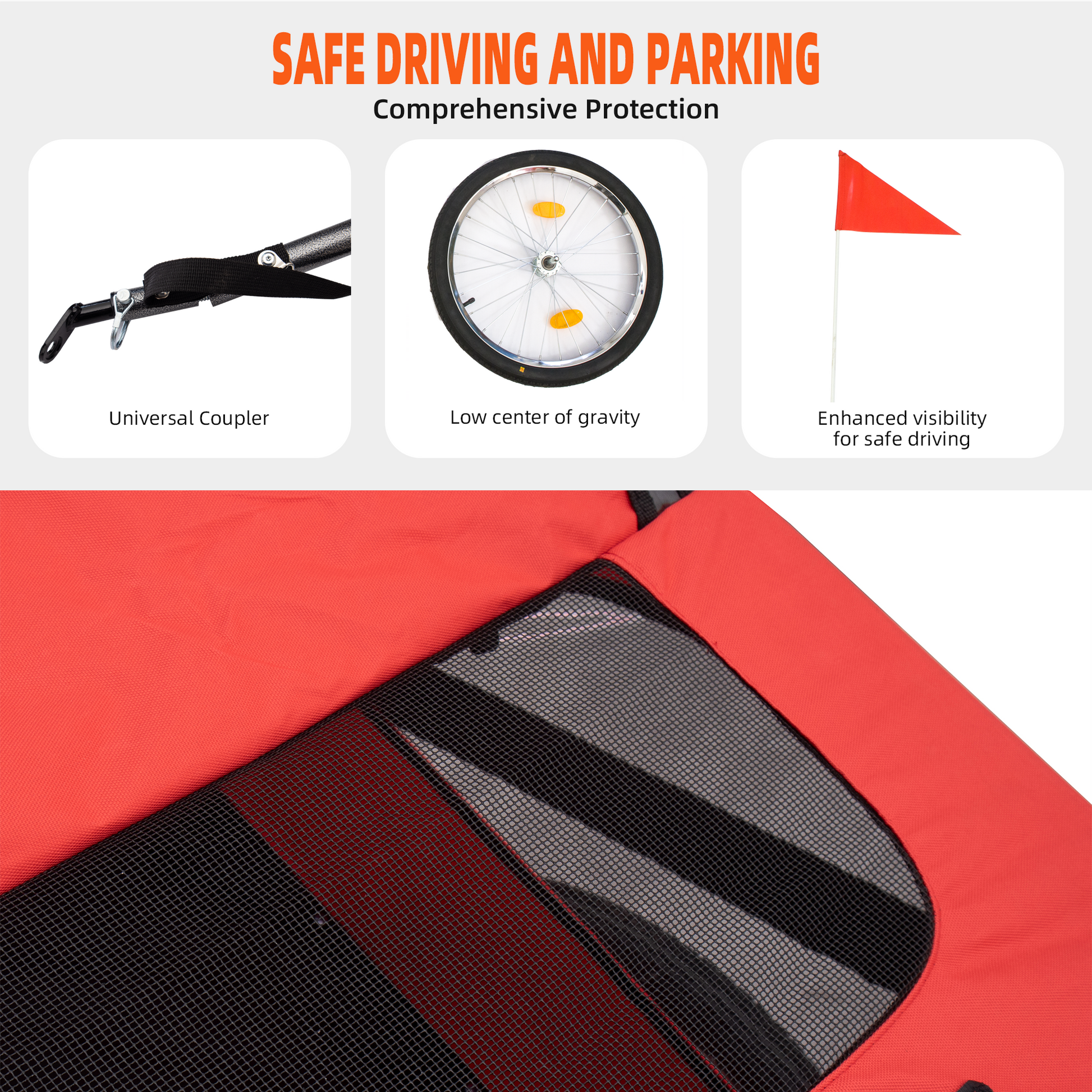 Dog Bike Trailer,Mesh Dog Cart With 3 Entrances, Safety Flag, 8 Reflectors, Folding Pet Carrier Wagon With 20 Inch Wheels, Bicycle Carrier For Medium And Small Sized Dogs Red Black Fabric Steel