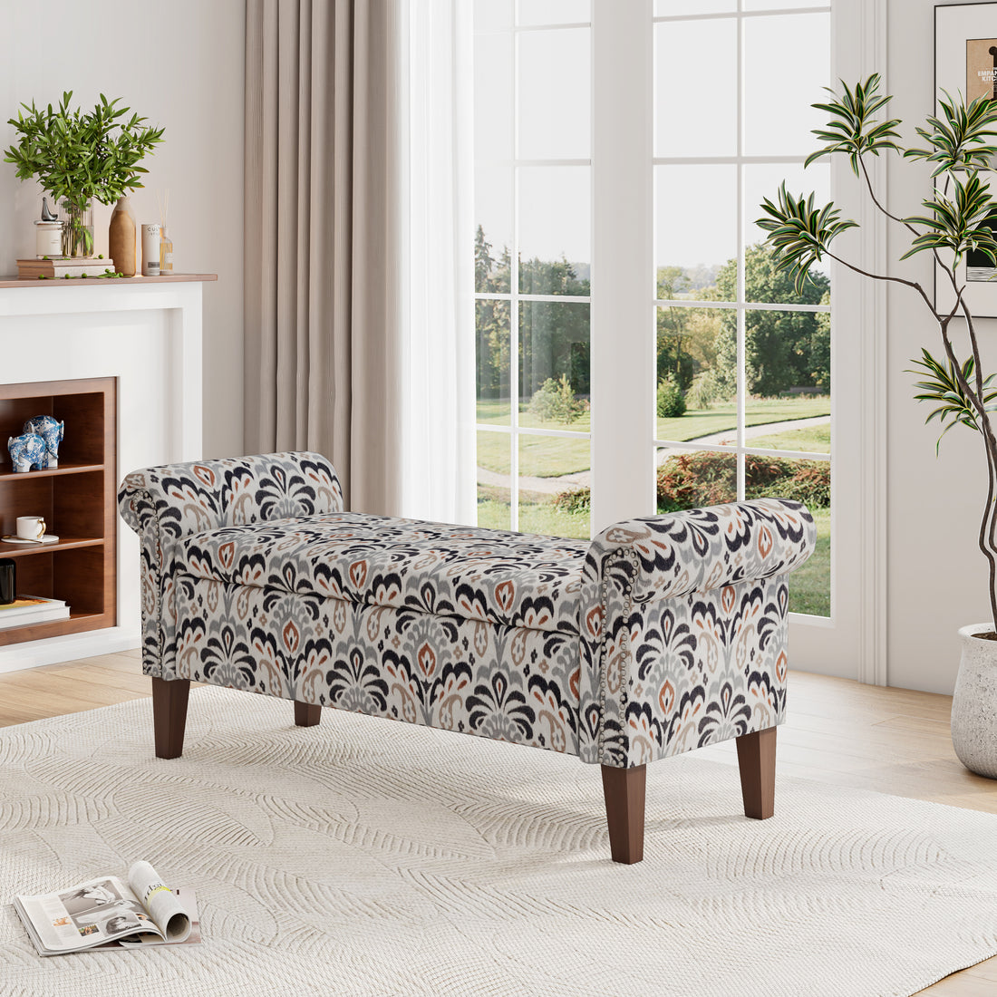 Conrad Storage Ottoman Multi Polyester Floral Traditional Flip Top Rolled Arms Nailhead Trim Polyester