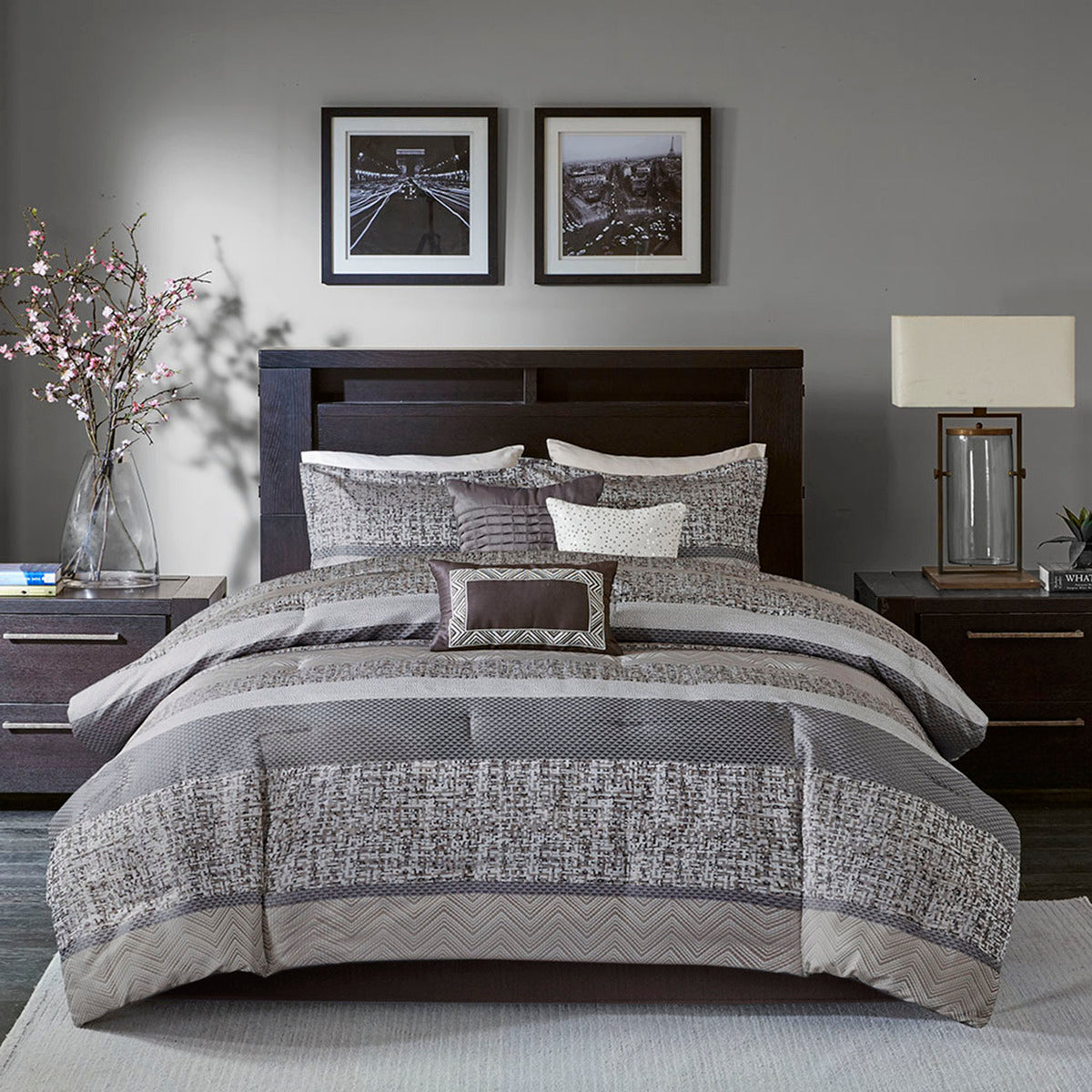 7 Piece Jacquard Comforter Set Grey Taupe King King Grey Taupe Polyester