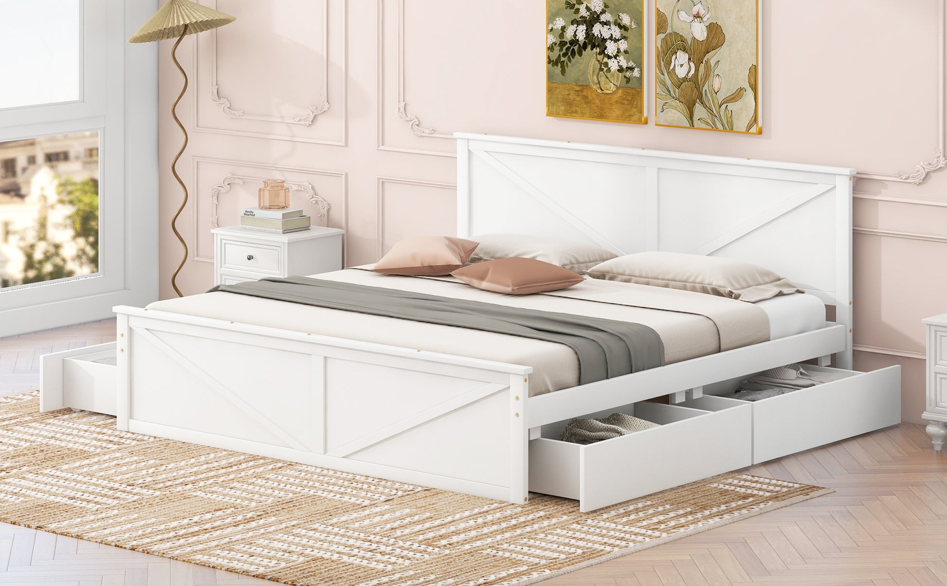 King Size Wooden Platform Bed With Four Storage Drawers And Support Legs, White King White Pine