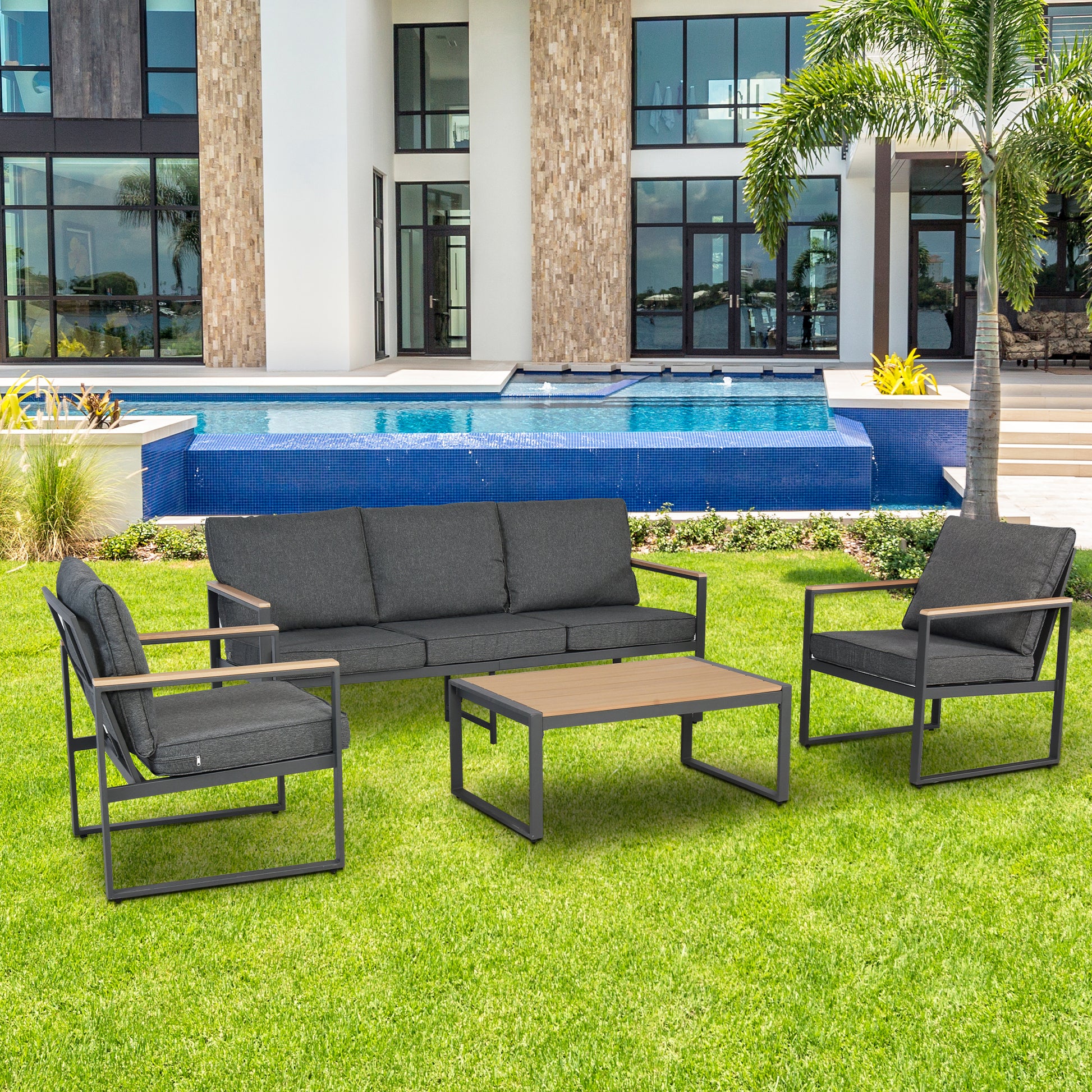 Outdoor 4 Pieces Furniture Sets Modern Aluminum Patio Conversation Sets Sofa W Blue Cushion Faux Wood Grain Frame Coffee Table For Garden Courtyard Poolside Yes Dining Set Grey Weather Resistant Frame Water Resistant Cushion Garden & Outdoor Modern