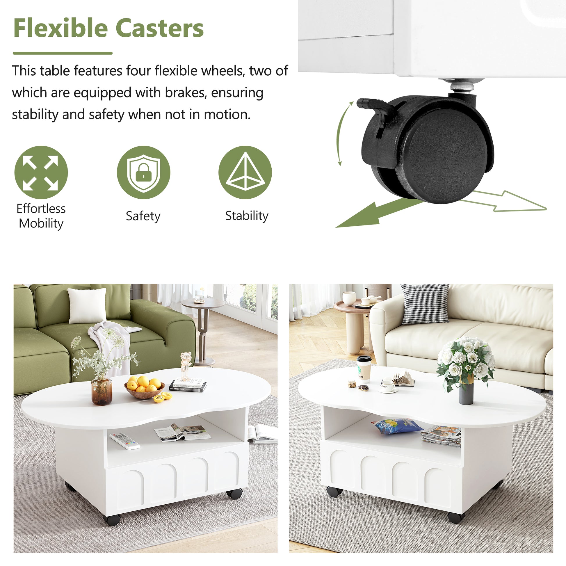 Flexible Cream Style Coffee Table With 2 Brake Wheels, Cloud Top Side Table With Drawer, Irregular Center Table With Large Storage For Living Room, White, 39.37''X 23.6'' White Particle Board