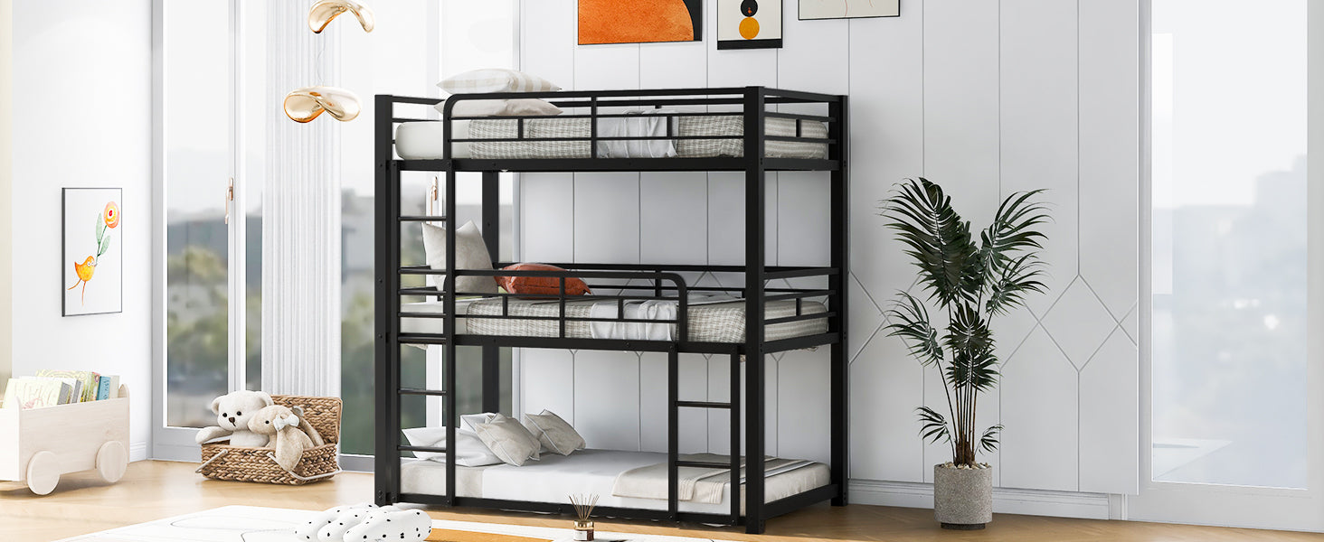 Metal Twin Size Triple Bunk Bed, Black Old Sku: Sm000230Aab 1 Box Spring Not Required Twin Black Metal Bedroom Metal