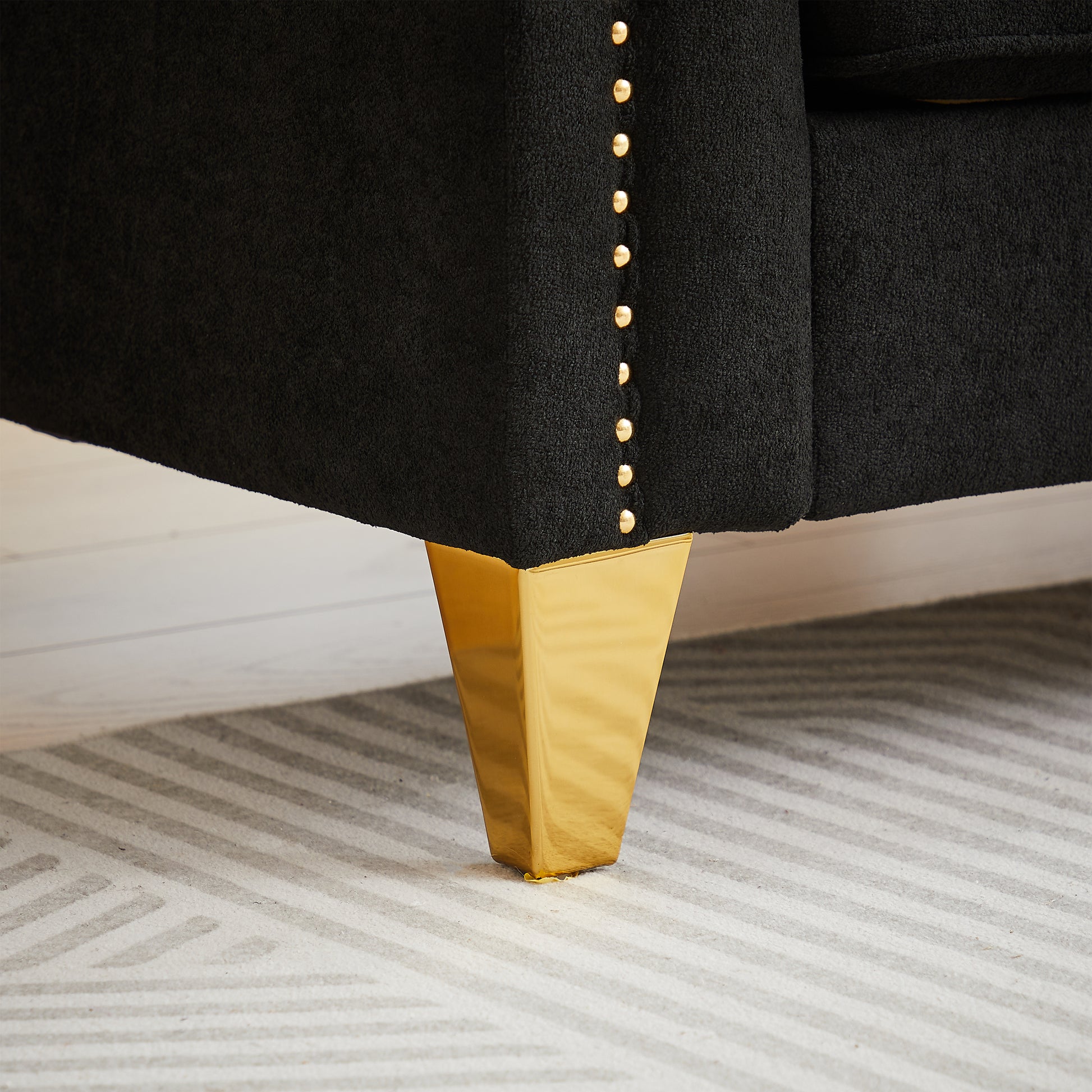 Fx81"Mid Century Design Modern Sofa,Chenille Pull Buckle Design Sofa For Living Room,Buttons Tufted With Copper Nail Decoration Armrest, With 2 Pillows,Modern Couch Upholstered Button And Metal Legs Black Chenille Pine Foam Fabric 3 Seat