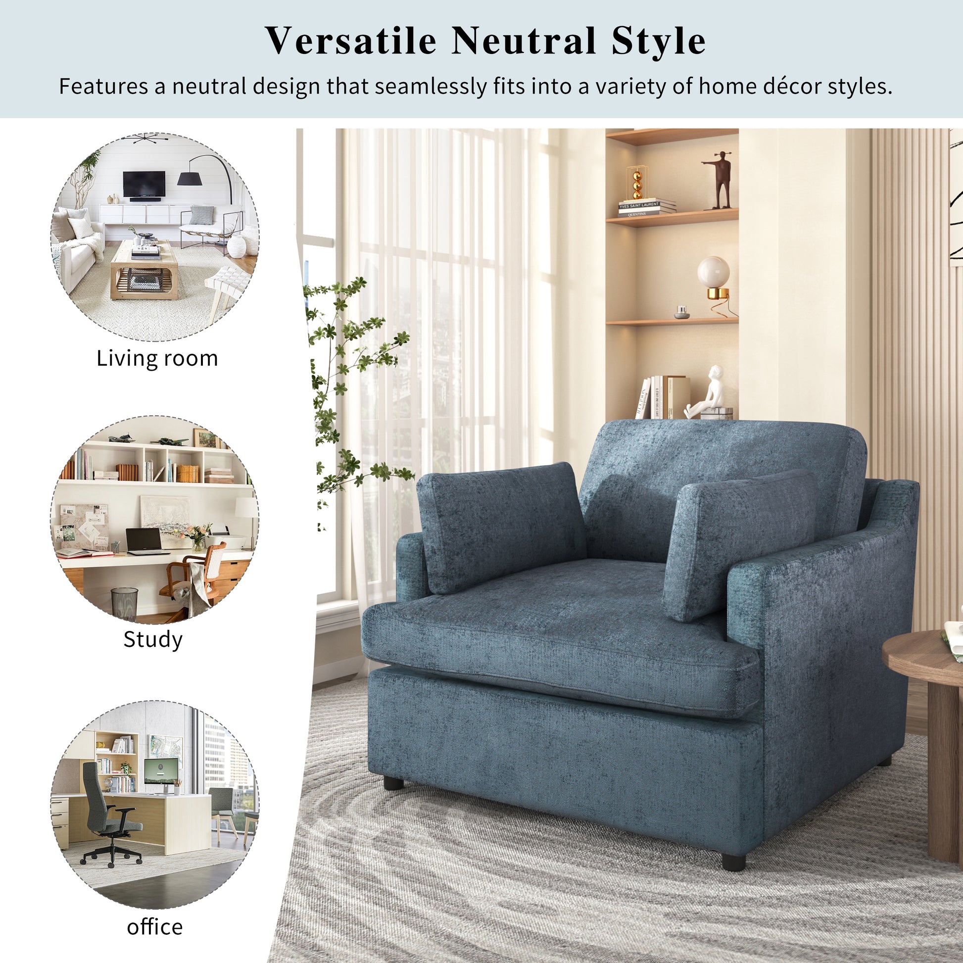 Oversized Accent Chair Comfortable Armrest Cushions, Versatile Neutral Style, Elegant Design, Durable Frame Blue Blue Polyester