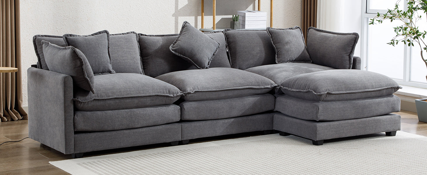 112.2" L Shape Chenille Upholstered Sofa For Living Room Modern Luxury Sofa Couch With Ottoman, 5 Pillows, Gray Gray Foam 4 Seat