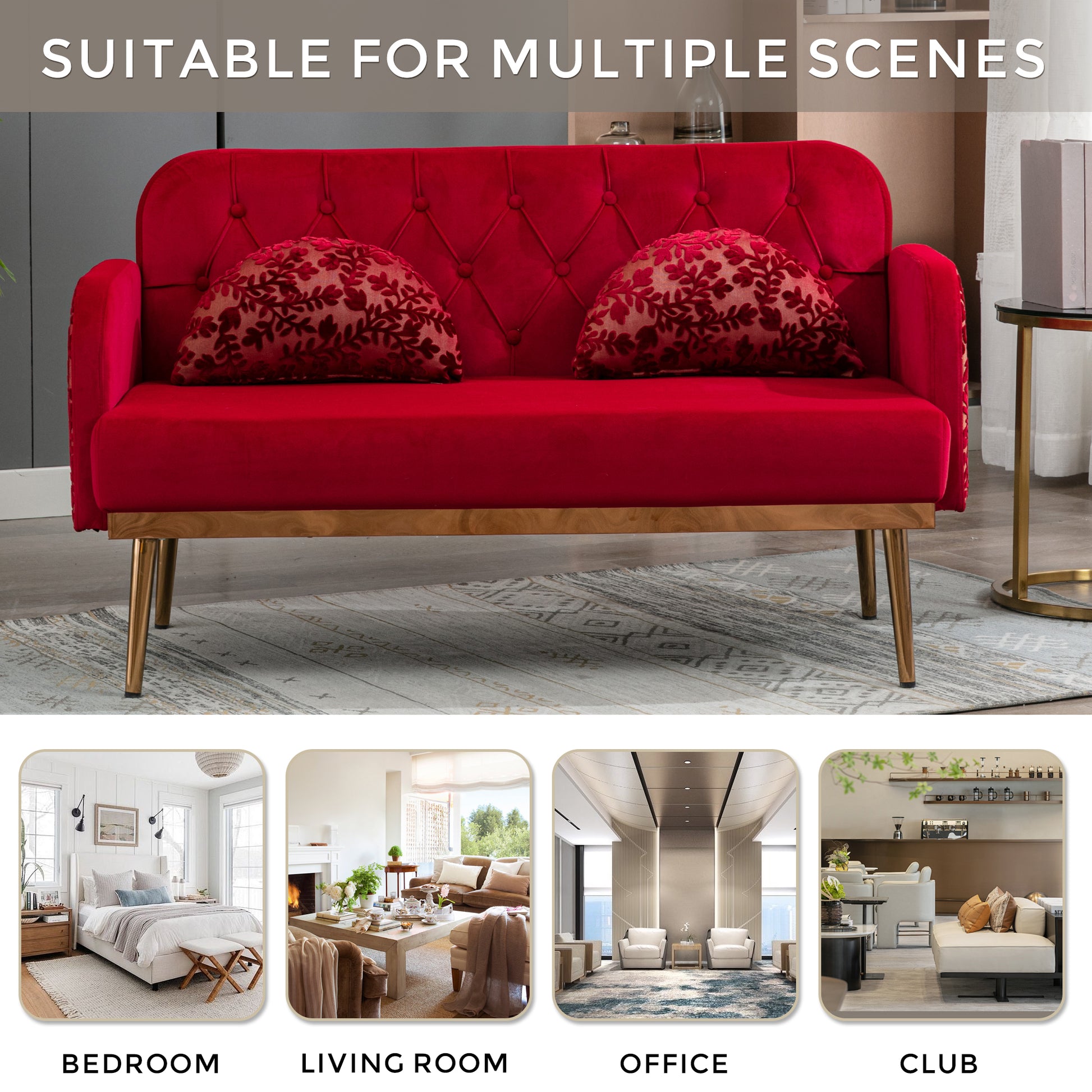 Coolmore Modern Velvet Loveseat Sofacomfy Upholstered 2 Seater Sofa With Gold Metal Legs, Small Loveseat Accent Couch For Living Bedroom Leisure Areas Red Velvet Red Foam Polyester 2 Seat