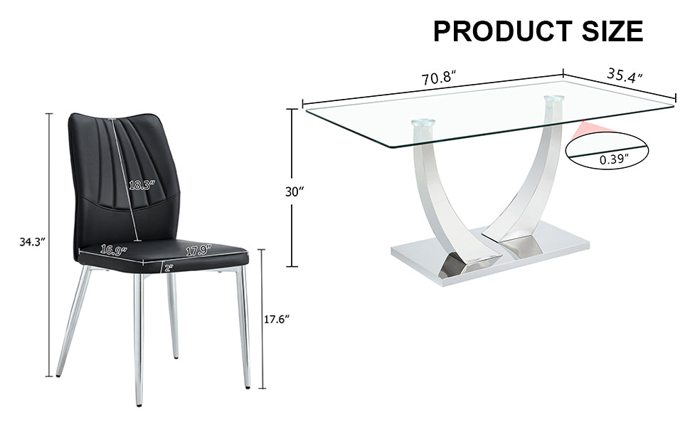 Table And Chair Set.Contemporary, Minimalist Rectangular Dining Table Featuring A Clear Tempered Glass Top And Sleek Silver Legs. Paried With Chairs Made Of Pu Material Cushion And Silver Metal Legs. Black Seats 8 Glass Metal