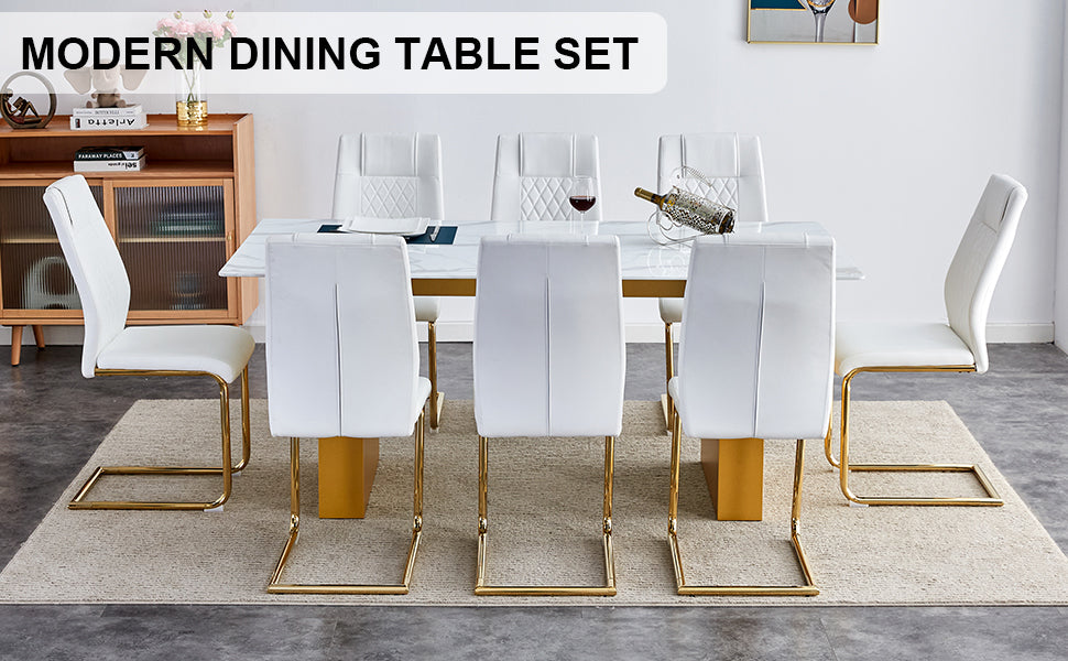 Table And Chair Set.Large Modern Rectangular Table With 0.4 Inch Patterned Glass Tabletop And Large Mdf Table Legs.Comes With 8 Chairs With Faux Leather Cushioned Seats And Golden Metal Legs. Gold White Seats 8 Mdf Glass