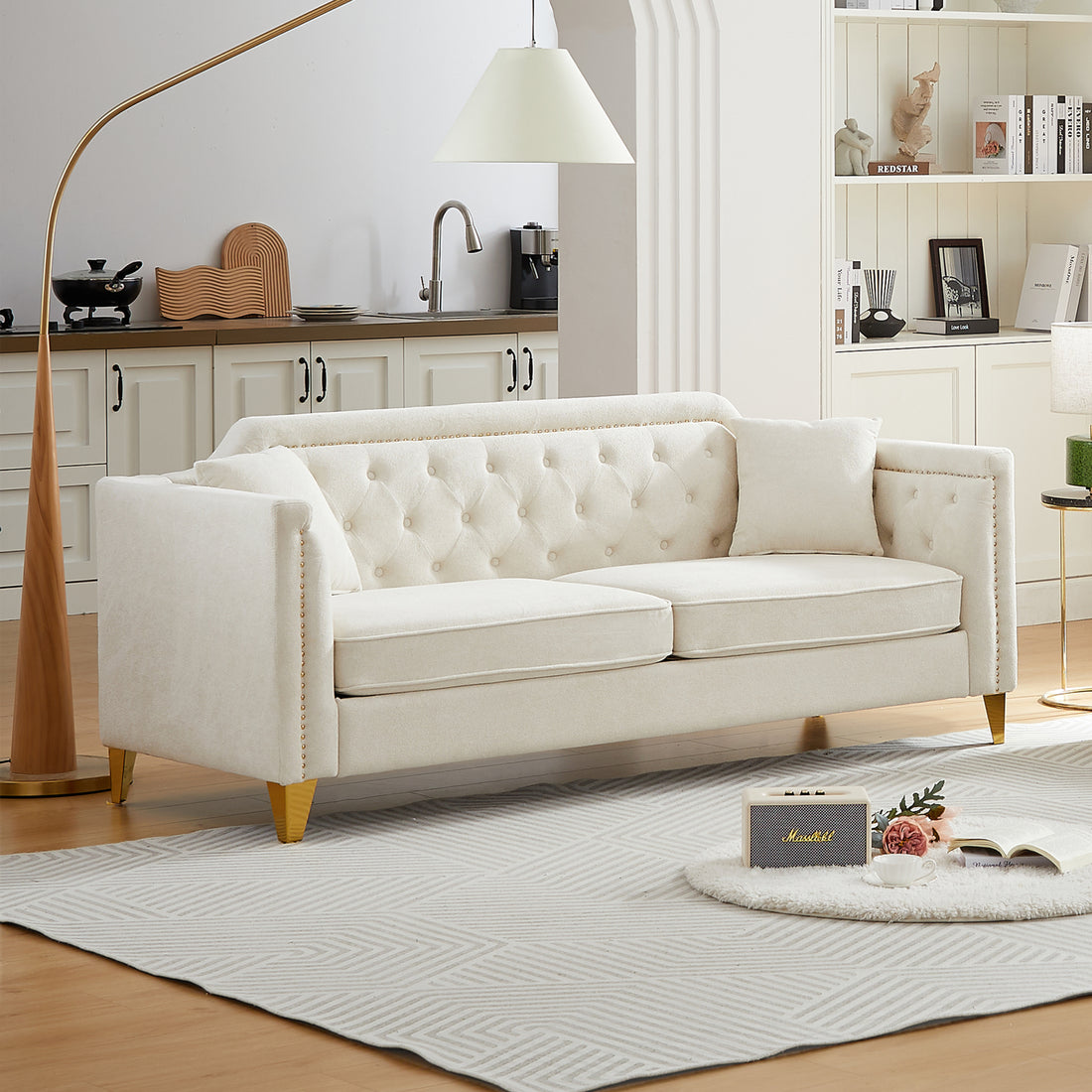 Fx 81"Mid Century Design Modern Sofa,Chenille Pull Buckle Design Sofa For Living Room,Buttons Tufted With Copper Nail Decoration Armrest, With 2 Pillows,Modern Couch Upholstered Button And Metal Leg Beige Chenille Pine Foam Fabric 3 Seat