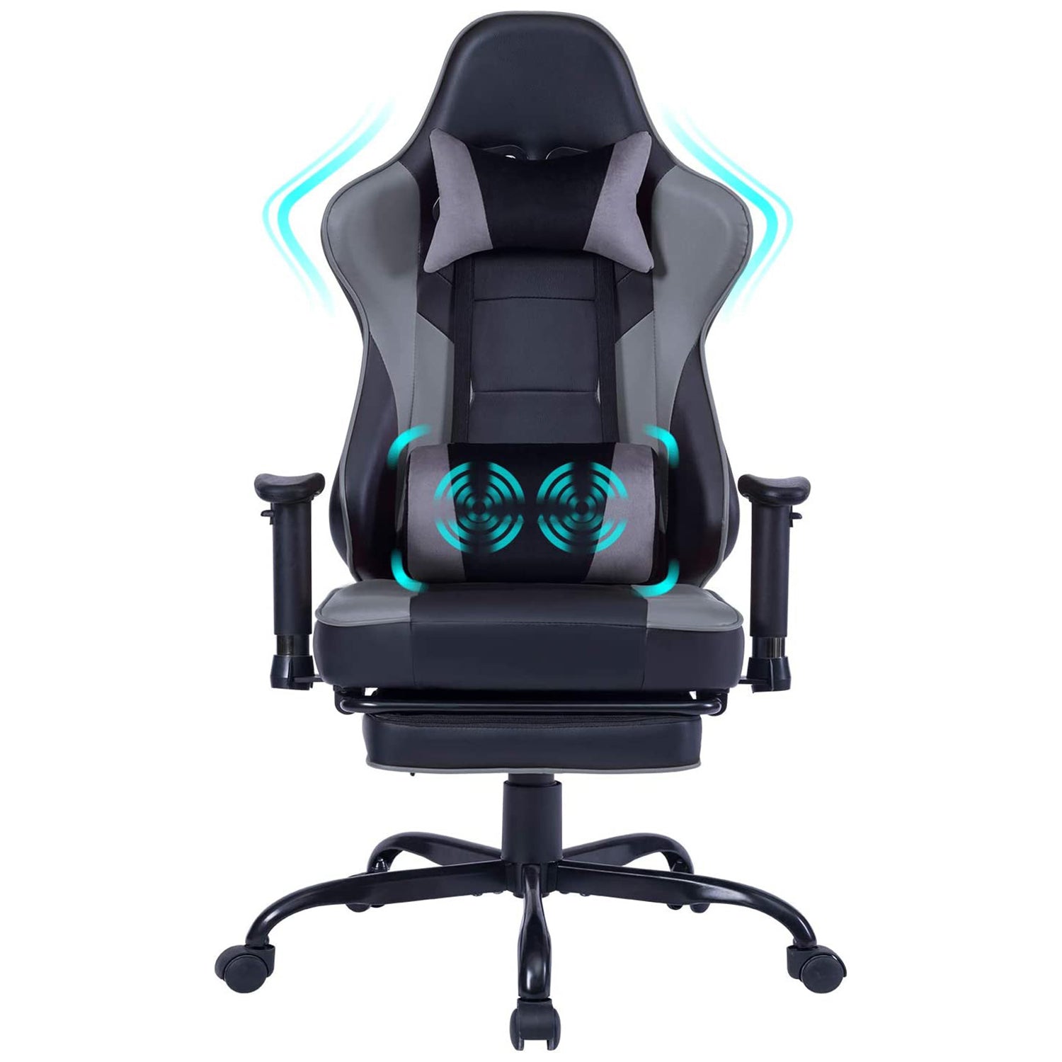 Game Chair, Ergonomiy Designed Computer Chair With Headrest And 2D Armrests, Waist Pillow Electronic Lounge Chair With Vibration Massage Function, Competitive Chair Iron Grey Cotton Leather