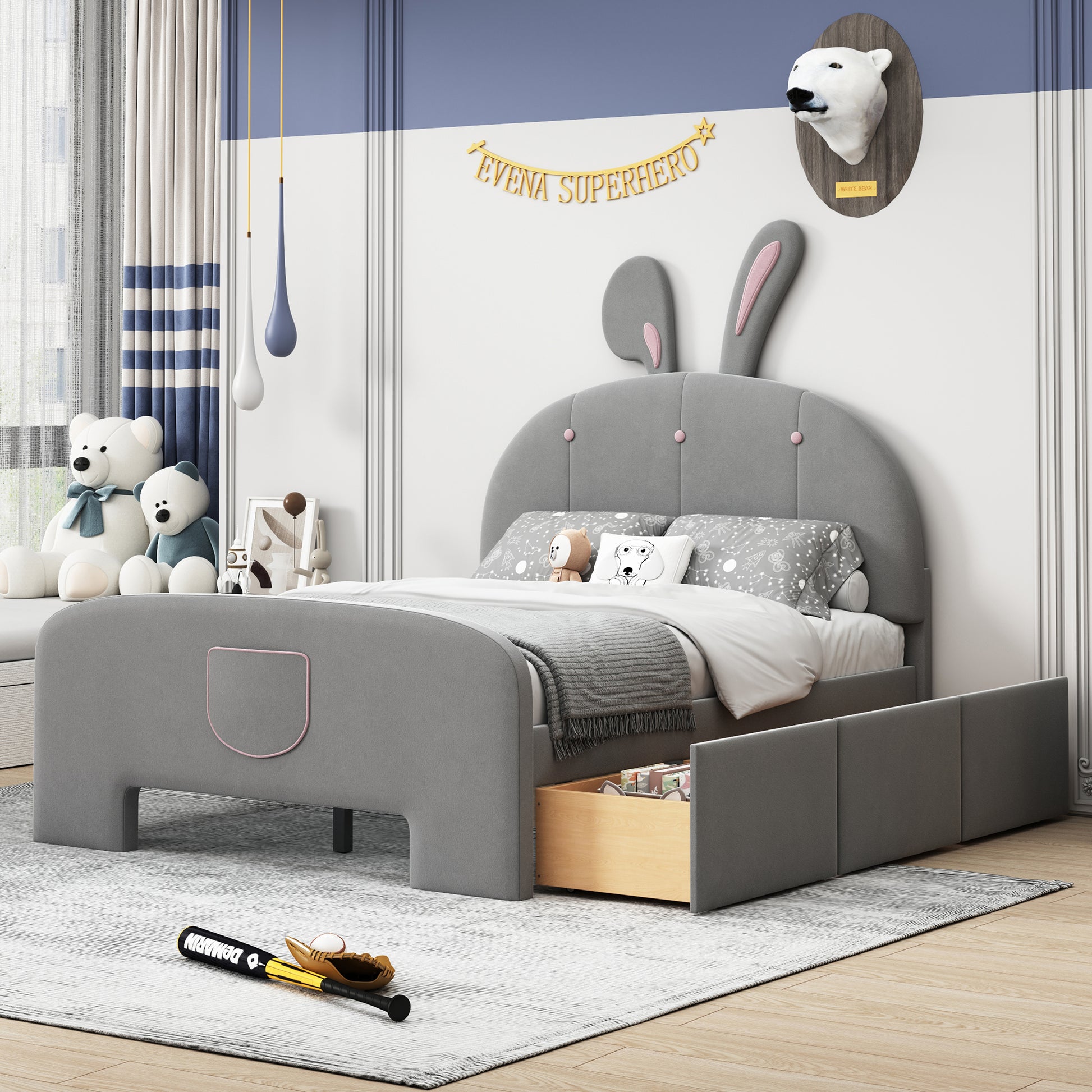 Full Size Velvet Platform Bed With Rabbit Shaped Headboard, With Drawers, With Bed End Storage Pocket, Gray Full Gray Plywood