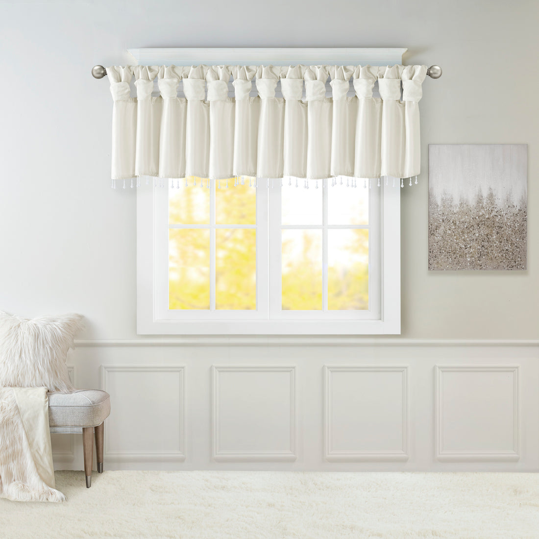 Lightweight Faux Silk Valance With Beads White 50X26" White Microfiber