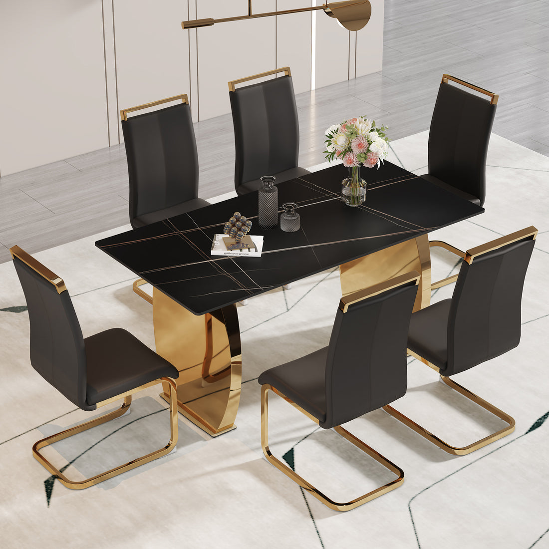 Table And Chair Set,Modern Rectangular Table With 0.4 Inch Black Patterned Tabletop And Gold Legs, Suitable For Kitchen, Dining Room, And Living Roomcomfortable Pu Seats,Perfect For Dinner, Meet Black Seats 6 Sintered Stone