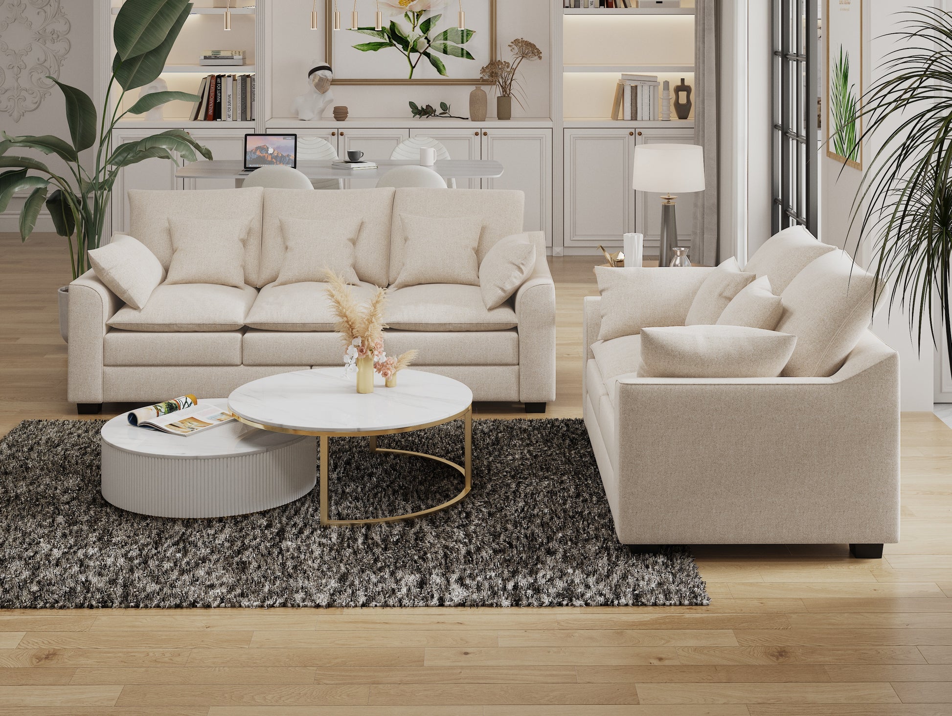 2 Pieces Sofa Couch 3 Seater And Loveseat With Pillows Polyester Upholstered Duck Down Filled Cushion Sofa Set For Living Room Apartment,Beige Beige Polyester Wood Primary Living Space Soft Cushion Back Foam Polyester 5 Seat