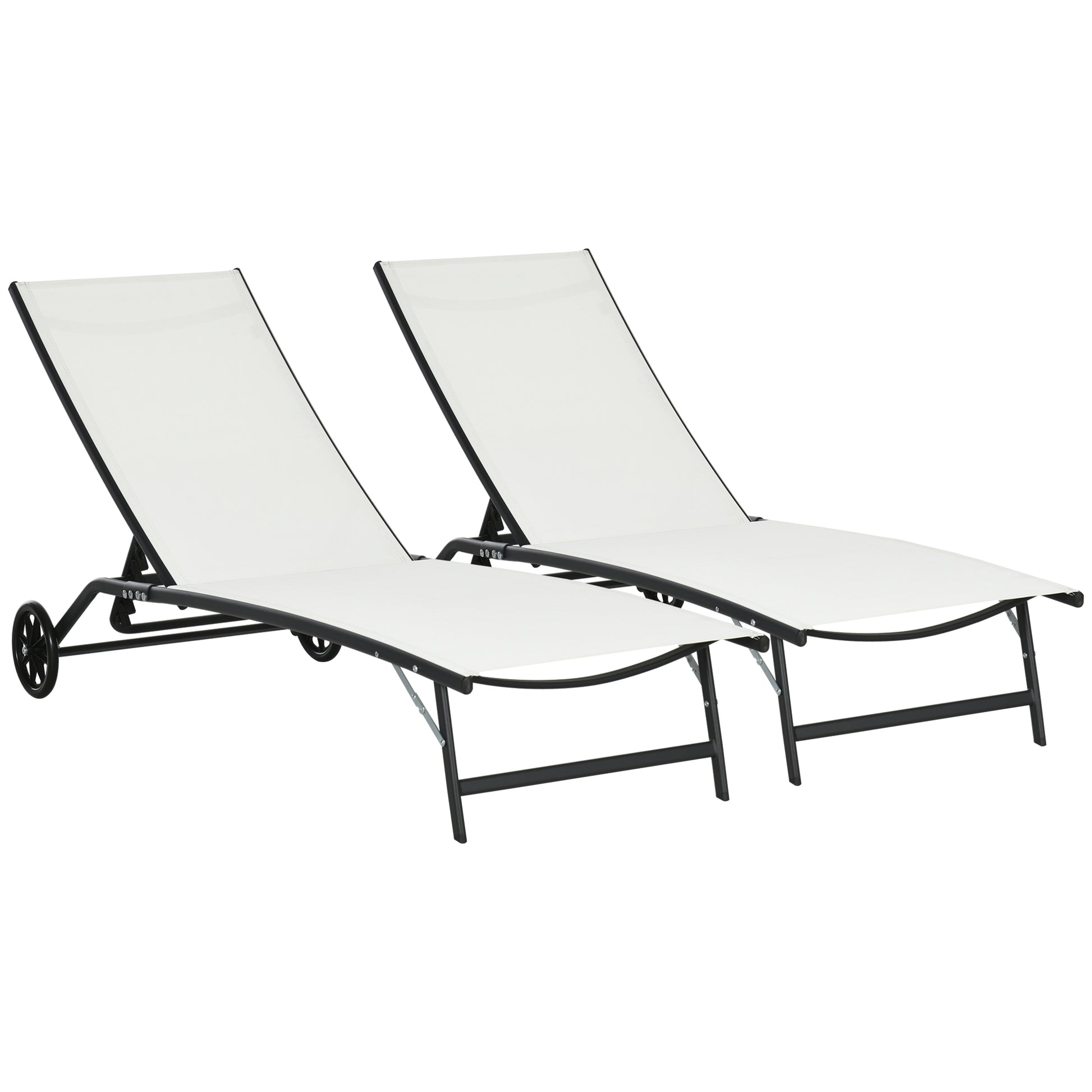 Outsunny Chaise Lounge Outdoor, 2 Piece Lounge Chair With Wheels, Tanning Chair With 5 Adjustable Positions For Patio, Beach, Yard, Pool, Cream White Cream White Fabric