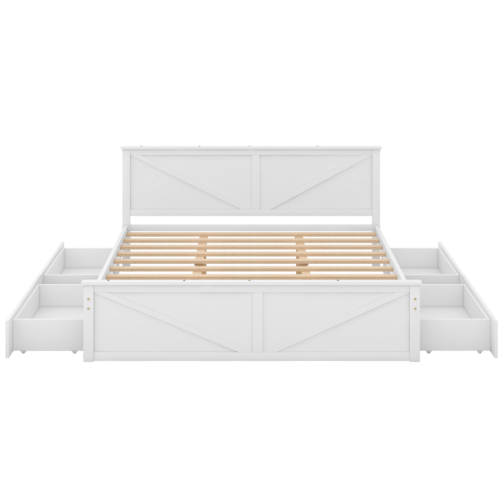King Size Wooden Platform Bed With Four Storage Drawers And Support Legs, White King White Pine