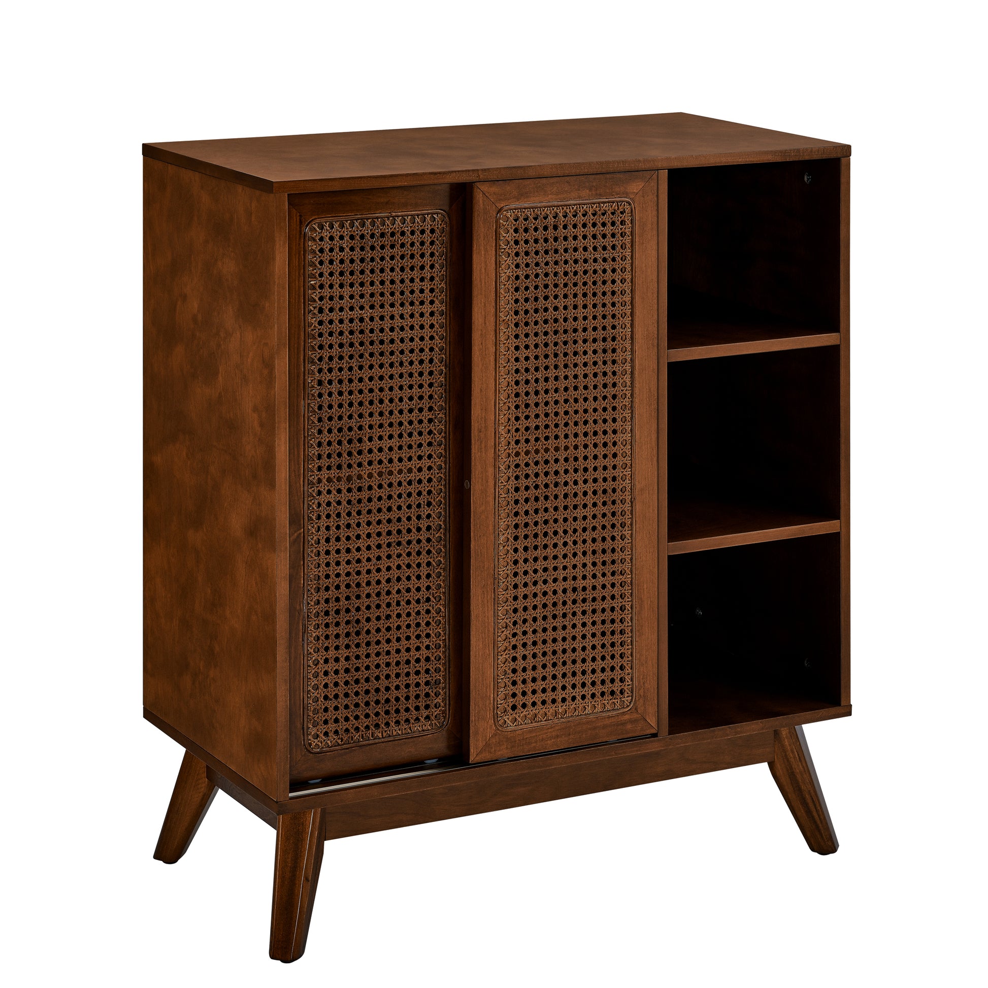 Mid Century Modern Rattan Sideboard Cabinet, Buffet Cabinet For Entryway Hallway Living Room Kitchen Dining Room Bedroom, Adjustable Shelf & Solid Wood Feet & Rattan Cabinet Doors Dark Wood Walnut
