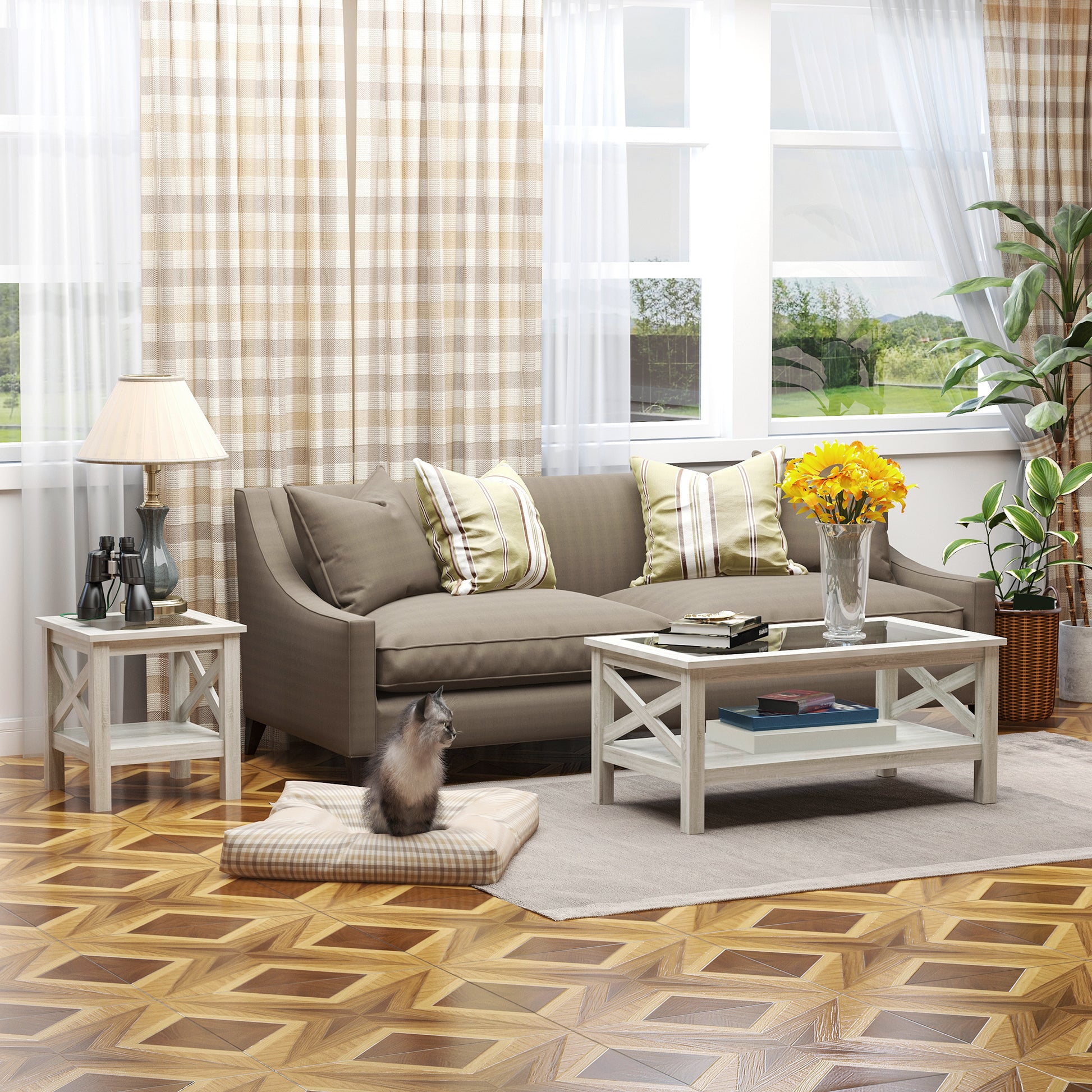 Homcom Farmhouse Style Coffee Table With Wood Frame, Tempered Glass Tabletop And Underneath Storage Shelf, Side Table For Living Room, 39.25"X21.75", White Oak White Oak Mdf