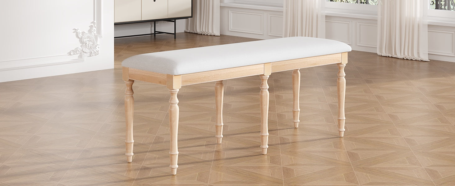 Vintage Traditional 50.4Inch Upholstered Dining Bench With 6 Solid Wood Legs, Natural Natural Dining Room Traditional Rubberwood Foam Rubber Wood