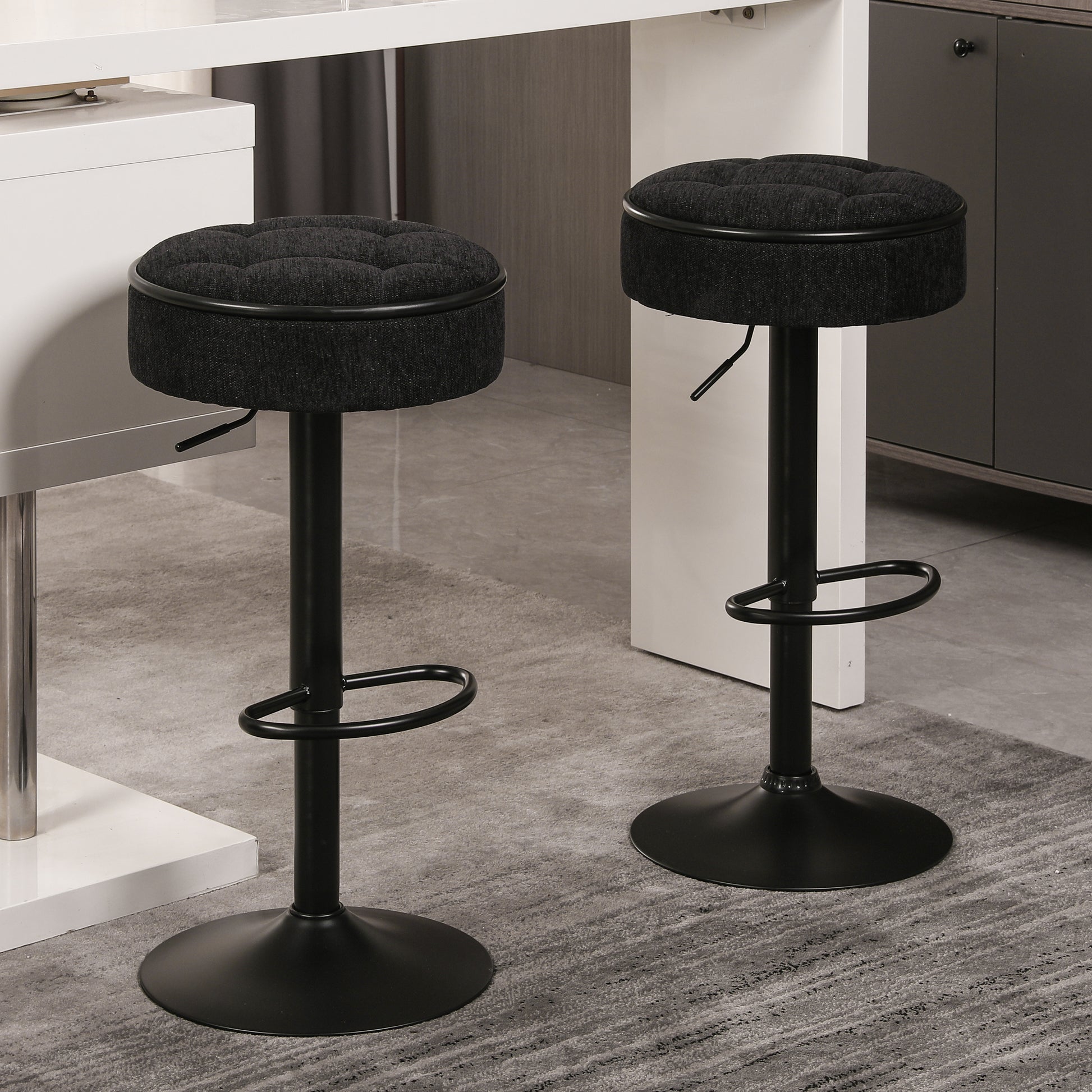 Round Storage Bar Stool Set Of 2, Black Linen Height Adjustable Barstool, 360 Counter Height Swivel Stool, Armless Bar Chair With Metal Frame For Kitchen Counter Dining Living Room Black Set Of 2 Foam Linen