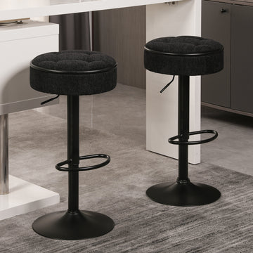 Round Storage Bar Stool Set Of 2, Black Linen Height Adjustable Barstool, 360 Counter Height Swivel Stool, Armless Bar Chair With Metal Frame For Kitchen Counter Dining Living Room Black Set Of 2 Foam Linen
