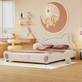 Queen Size Velvet Platform Bed With Bear Shaped Headboard, With Bed End Storage Pocket, Beige Queen Beige Plywood