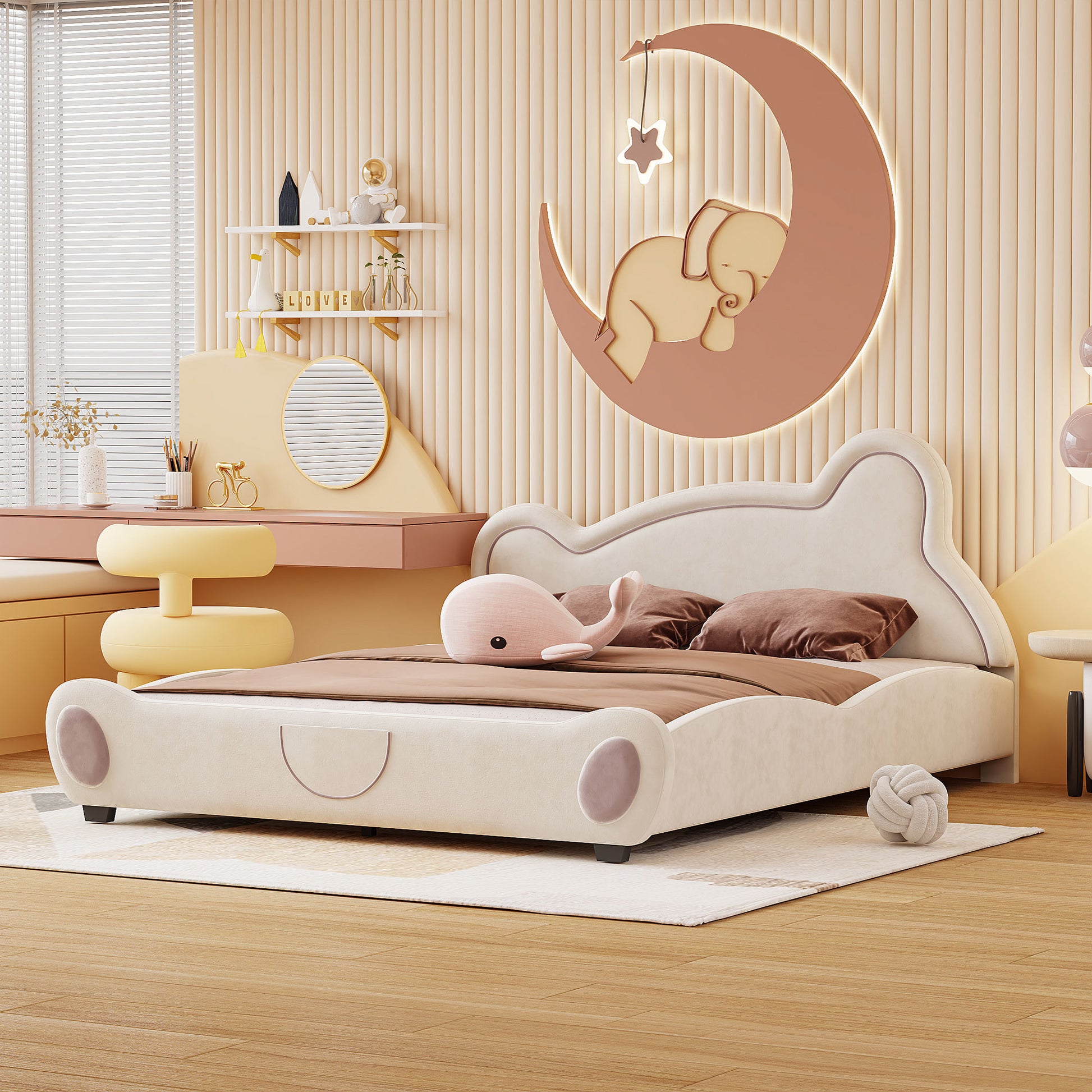 Queen Size Velvet Platform Bed With Bear Shaped Headboard, With Bed End Storage Pocket, Beige Queen Beige Plywood